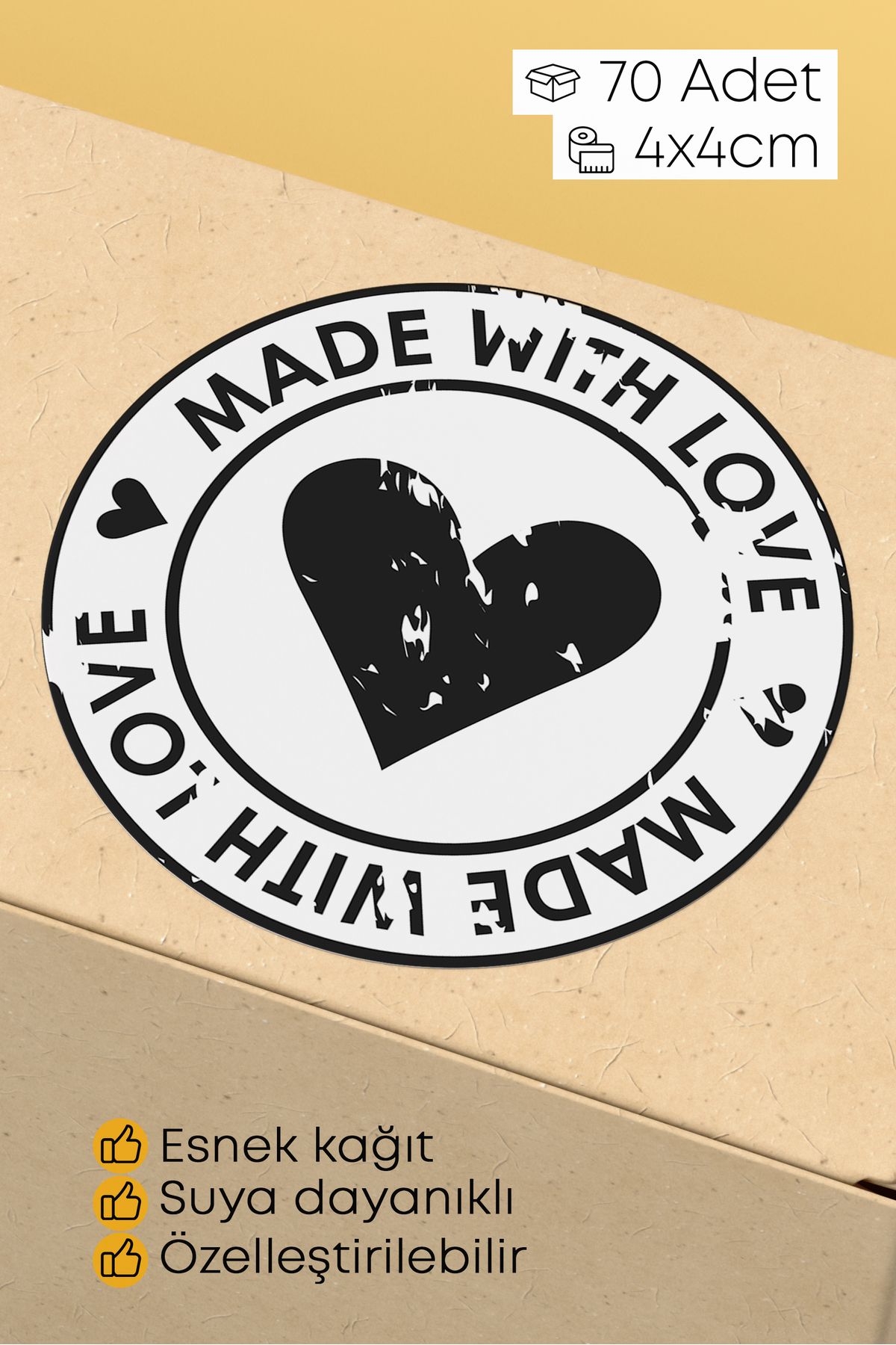 alışveriş kurdu Made With Love Yazılı Sticker Paketleme Kargo Ambalaj Etiketi - 4x4cm 70 Adet Yuvarlak
