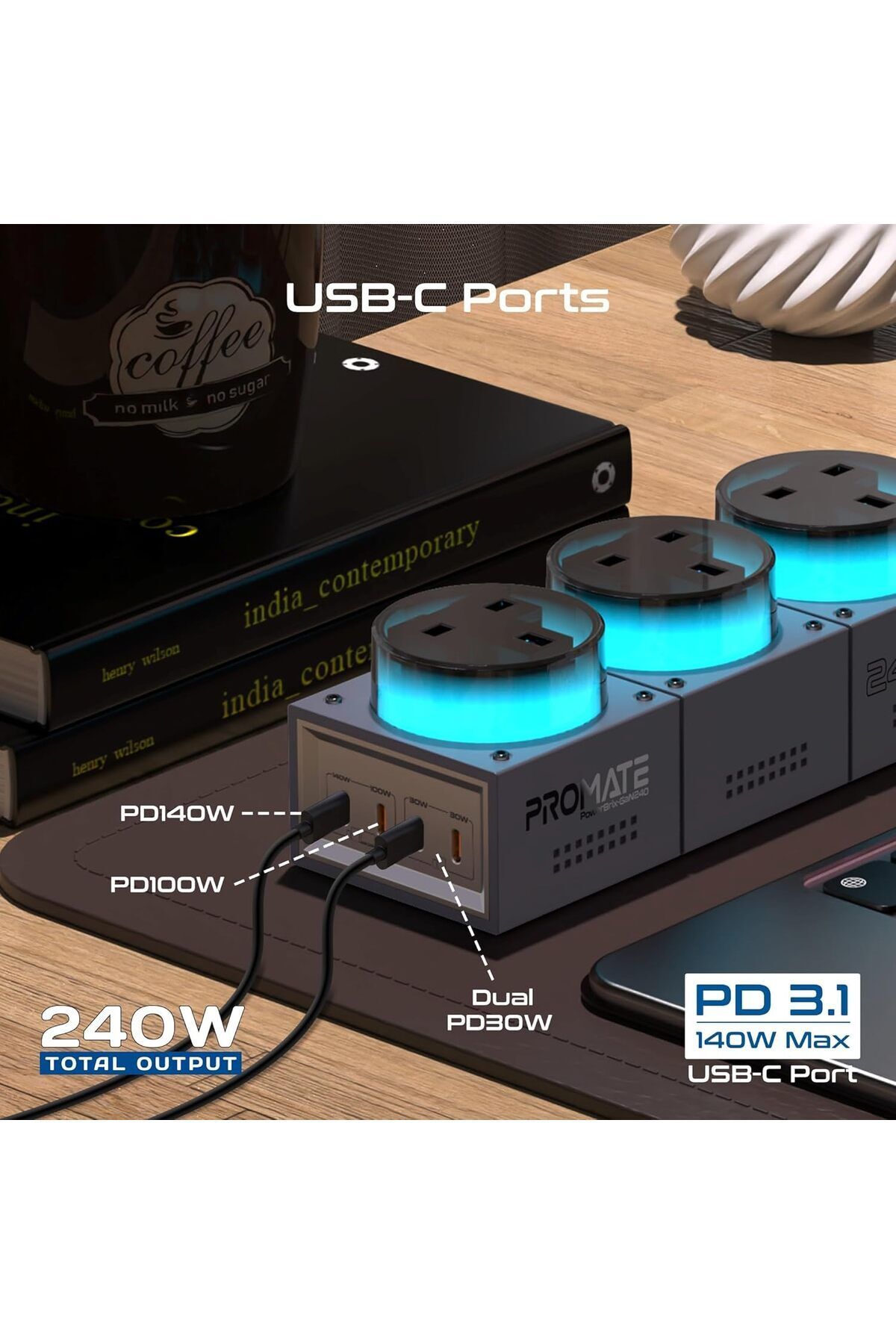 Promate-7-in-1 Multi-port Charging Station, 240w Ganfast™ Power Extension With Three 3250w Uk Ac S 6