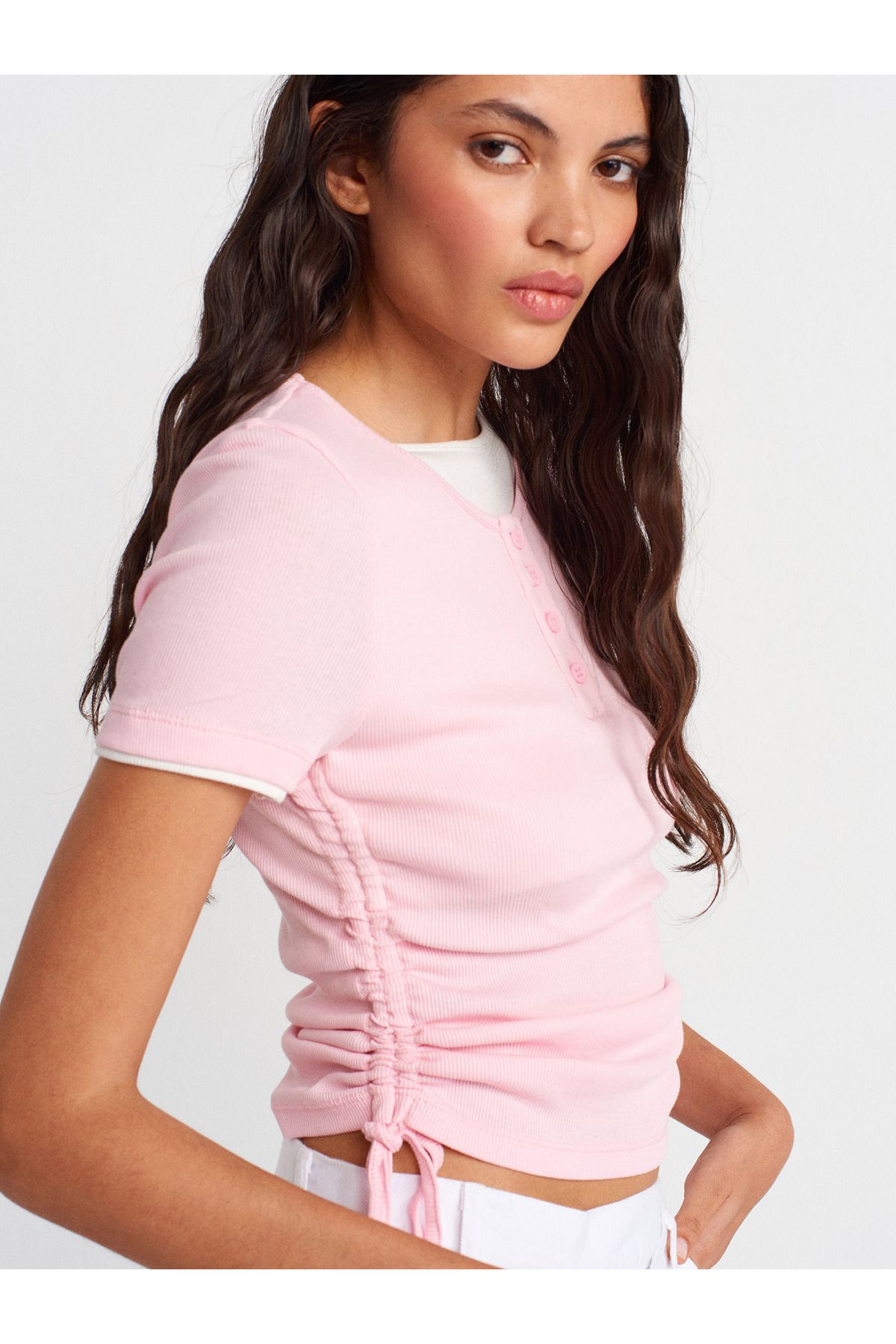 Dilvin 31816 Çift Katlı Büzgülü T-shirt-Toz Pembe