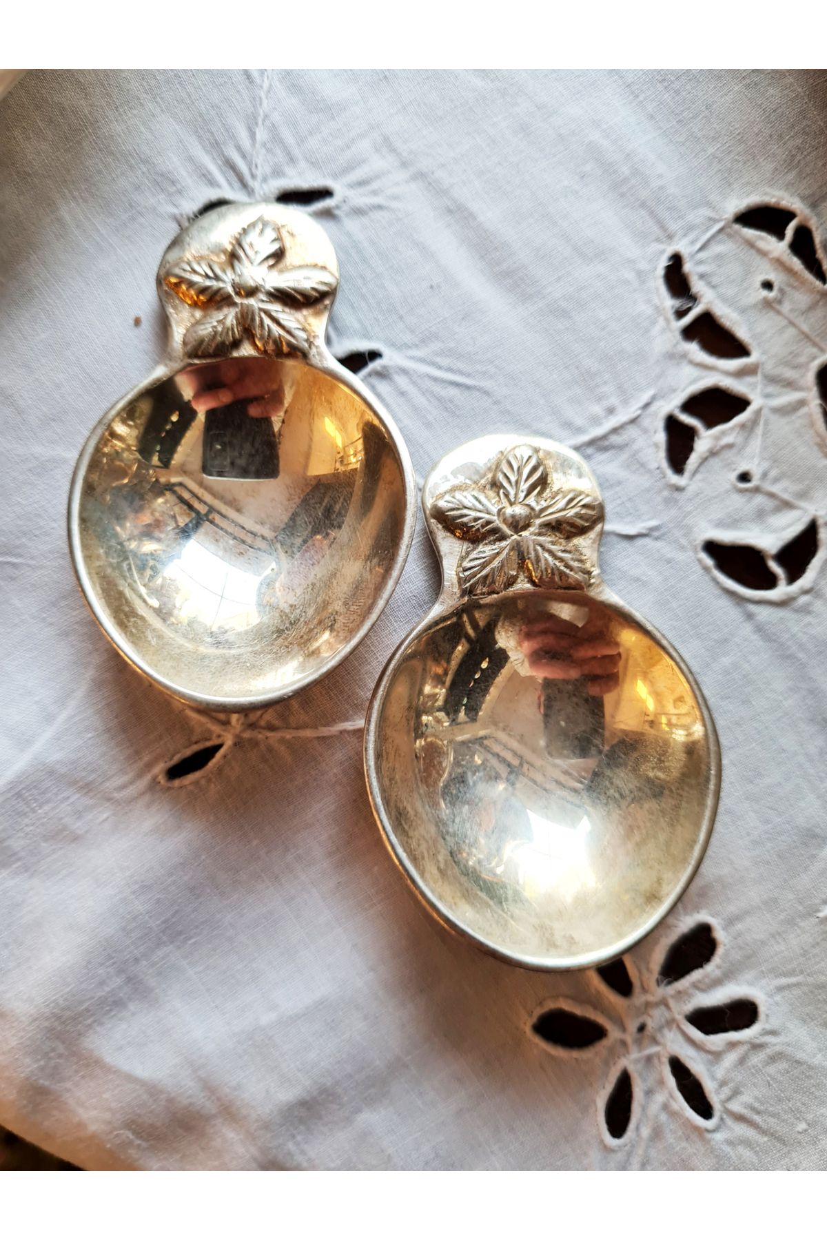 EL YAPIMI Vintage Stil Gümüş Kaplama Lokum Servis Kaşığı Seti (2'li, Çiçek Motifli)