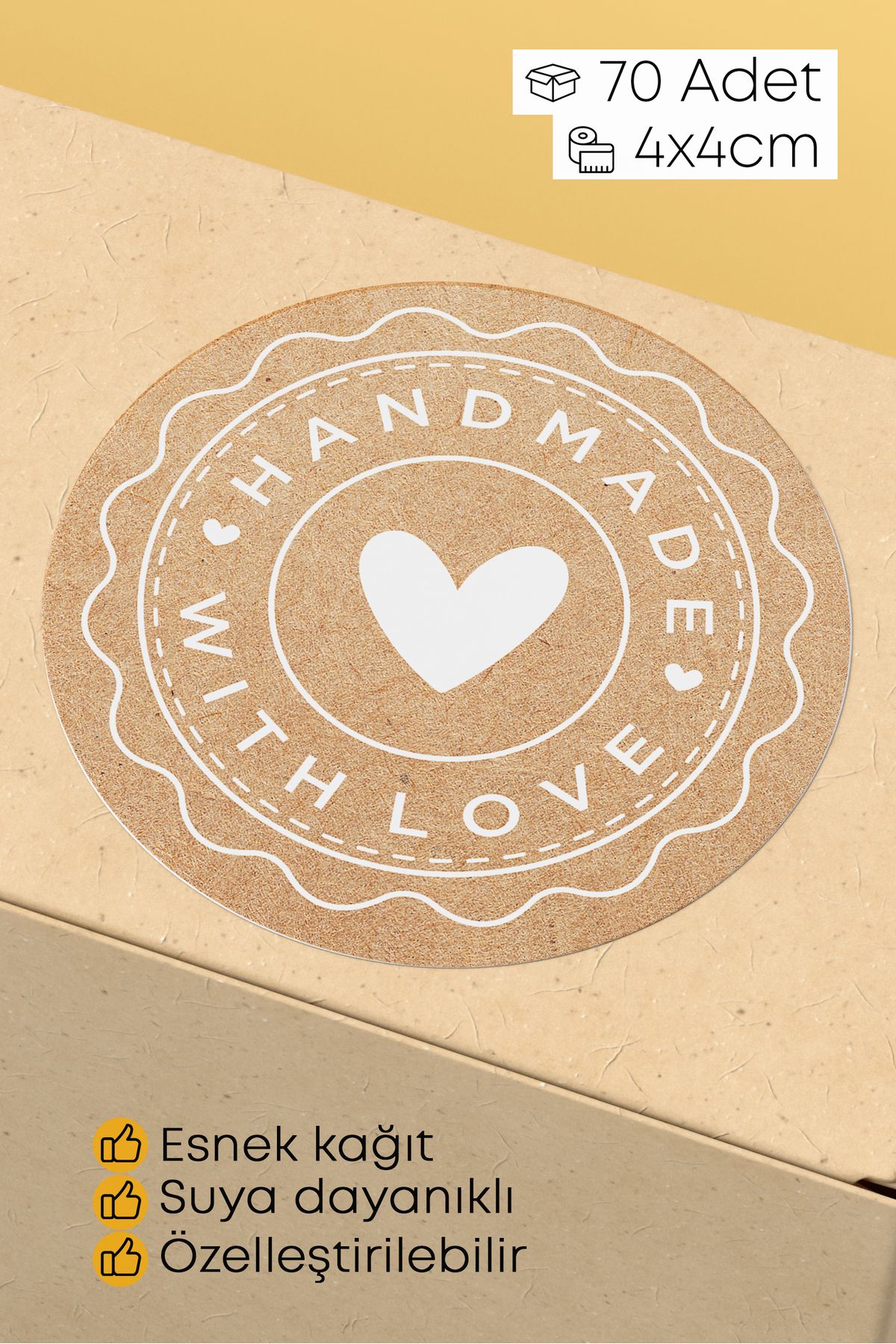 alışveriş kurdu Hand Made - With Love Yazılı Sticker Paketleme Kargo Ambalaj Etiketi - 4x4cm 70 Adet Yuvarlak