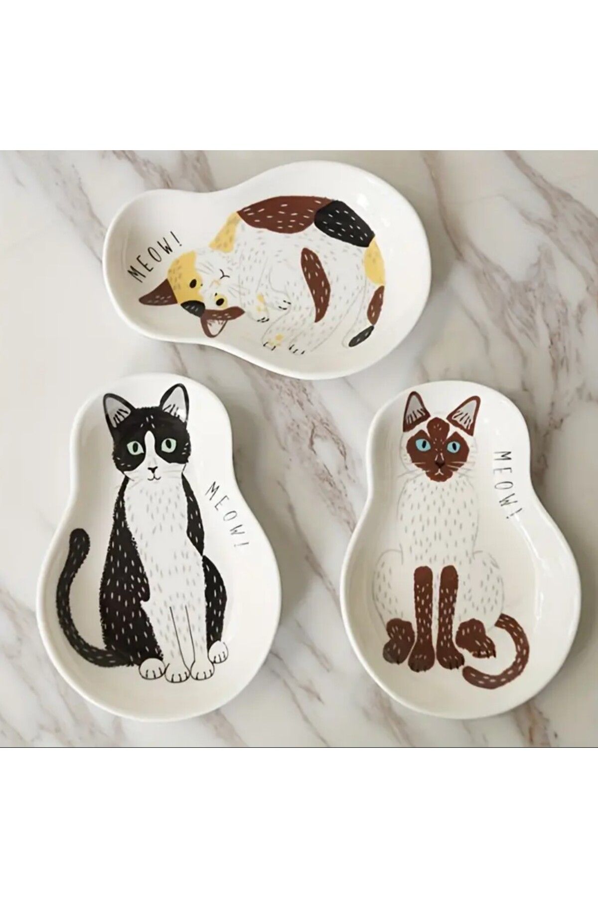 esdekor 3 Adet Kedi Şeklinde Tabak Seramik Sevimli Yavru Kedi Sos Kabı