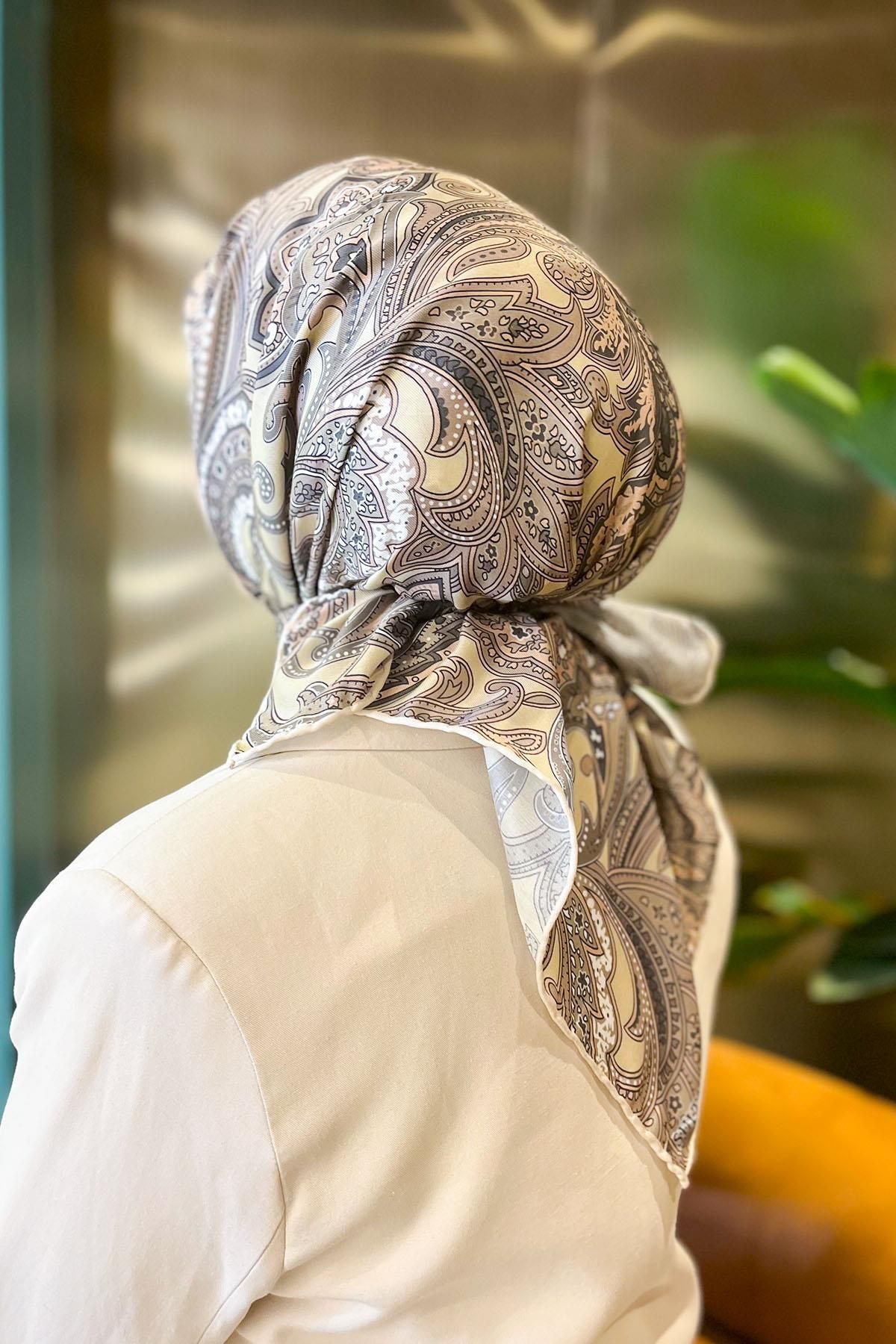 Sultan Eşarp-Sultan Soft Cotton Scarf - Retro Pattern - Sse0238-30 - Soft Yellow, Mink, Soft Pink 3