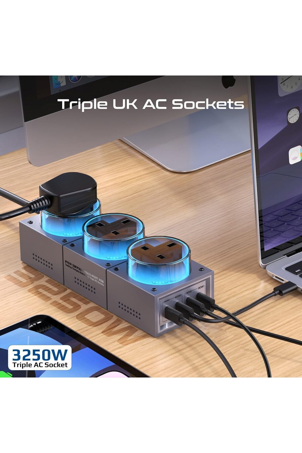 Promate-7-in-1 Multi-port Charging Station, 240w Ganfast™ Power Extension With Three 3250w Uk Ac S 2