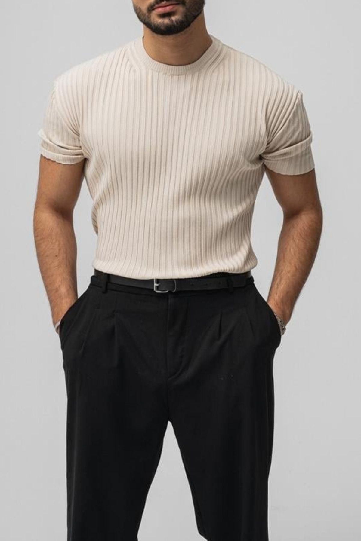 Tarz Cool Erkek Bej Likralı Loose Fit T-Shirt