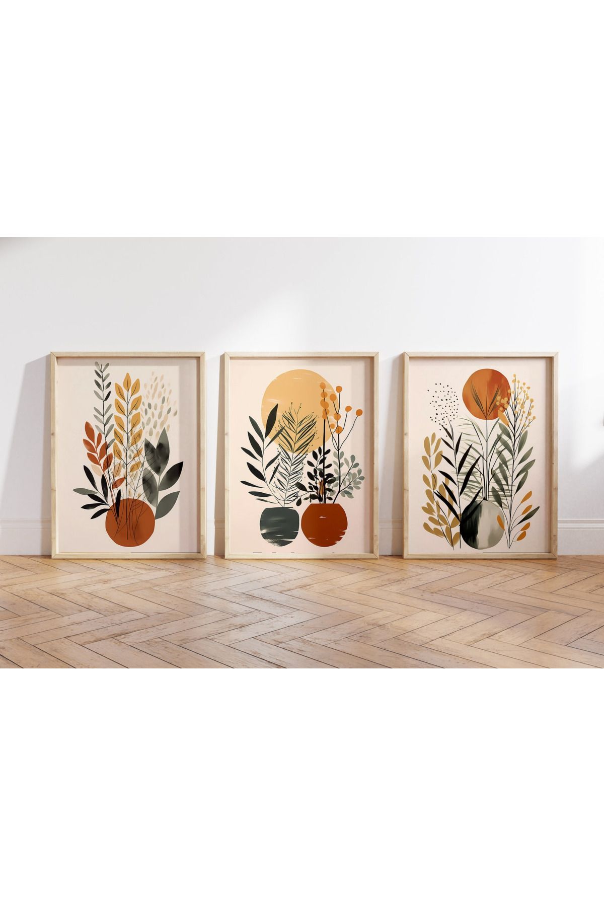 Tuba Decor 3 Parça Ahşap Çerçeve Görünümlü bohem MDF Tablo Seti