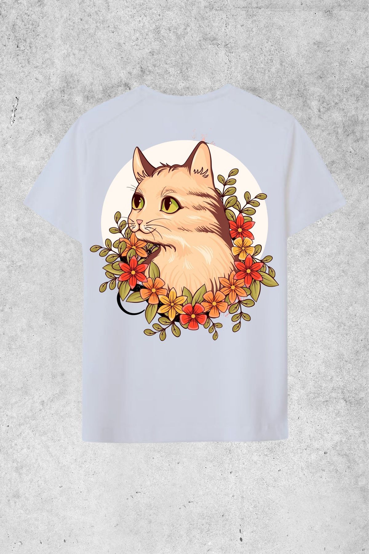 MOLICO Basic Unisex sıfır yaka kısa kollu KEDİ ÇİÇEK DESENLİ SIRT BASKILI OVERSİZE TSHİRT