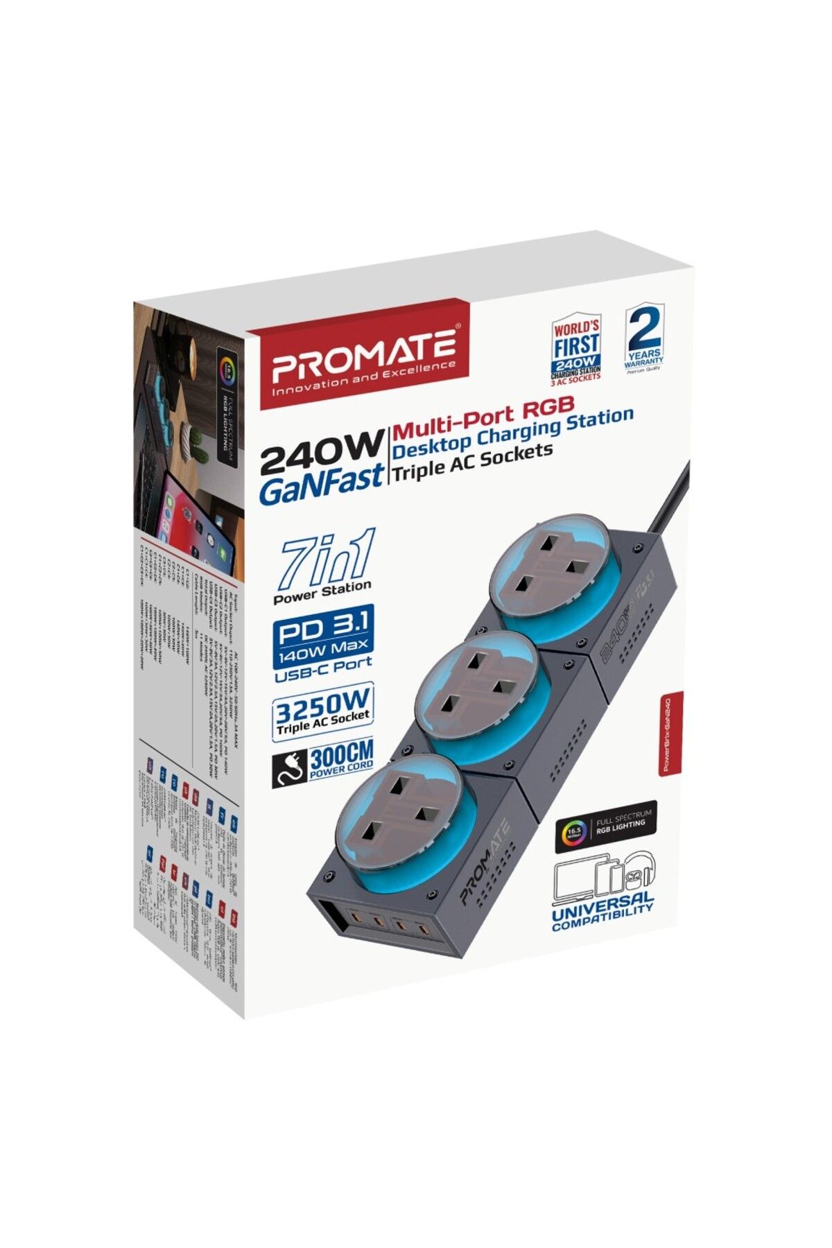 Promate-7-in-1 Multi-port Charging Station, 240w Ganfast™ Power Extension With Three 3250w Uk Ac S 8