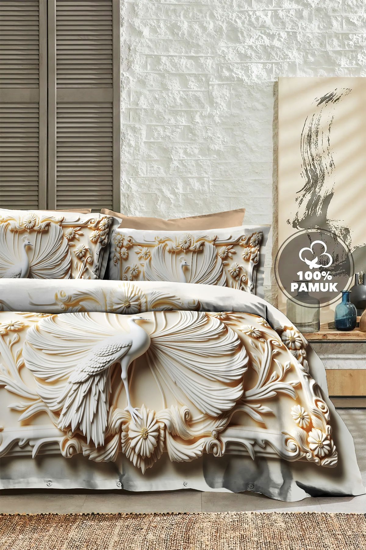 MonoHome Çift Kişilik Nevresim 3D Tasarım %100 Pamuk Oeko-tex®Sertifikalı Özel Dokuma Royal Peacock