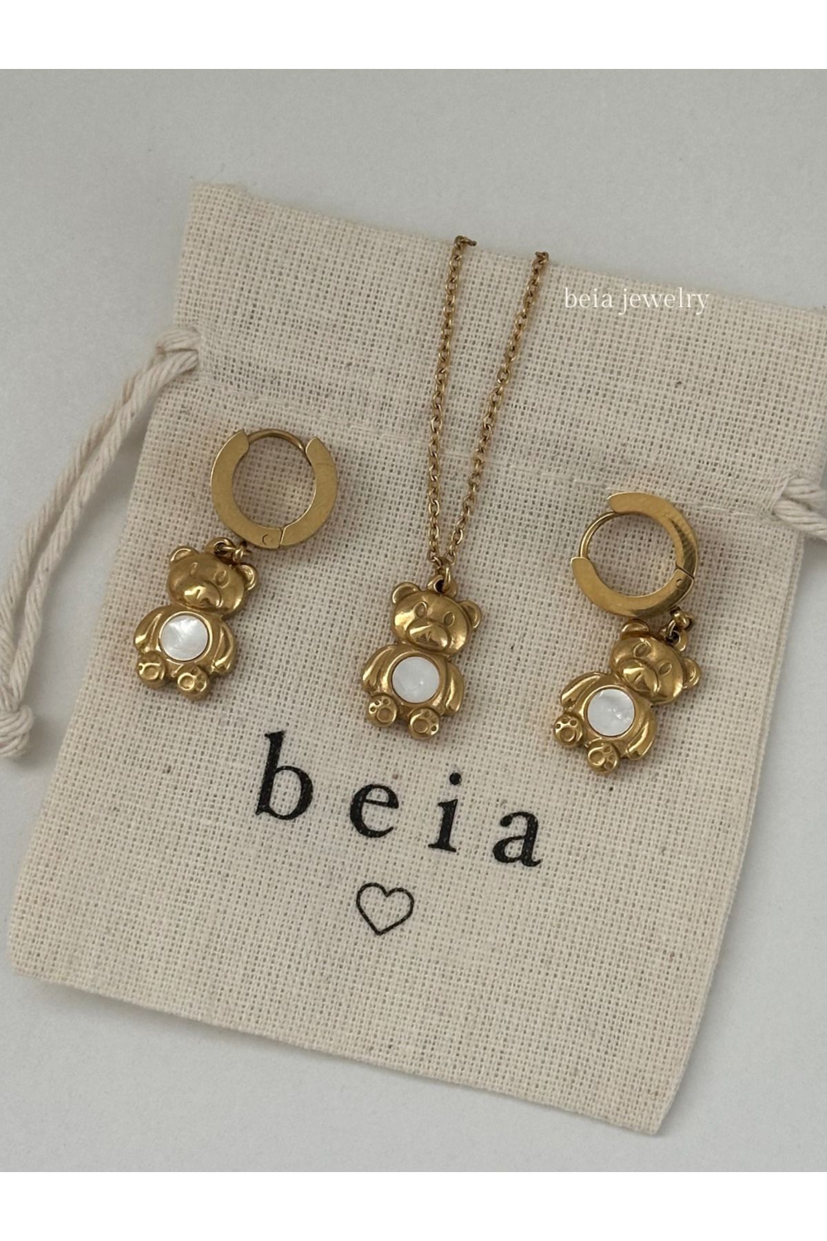 beia jewelry Çelik Ayıcık Bear Küpe ve Kolye Seti