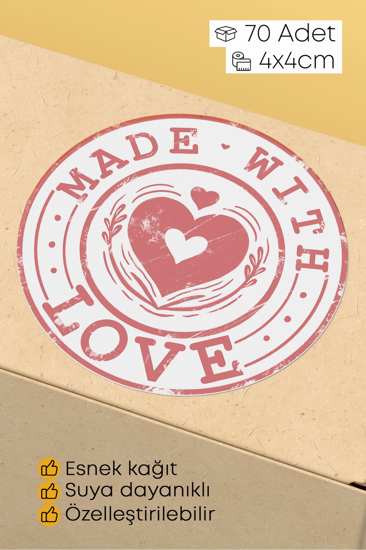 alışveriş kurdu Made With Love Yazılı Sticker Paketleme Kargo Ambalaj Etiketi - 4x4cm 70 Adet Yuvarlak