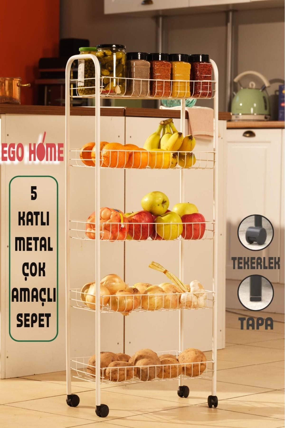 ego home 5 Katlı Metal Raf Sebzelik Patateslik Soğanlık Meyvelik Patates Soğan Sepeti Çok Amaçlı Metal Raf