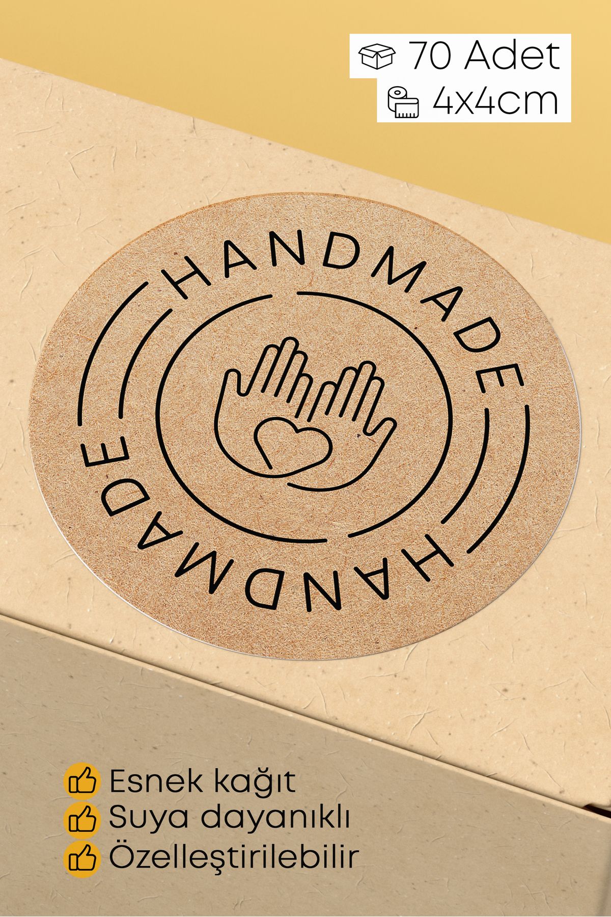 alışveriş kurdu Hand Made Yazılı Sticker Paketleme Kargo Ambalaj Etiketi - 4x4cm 70 Adet Yuvarlak