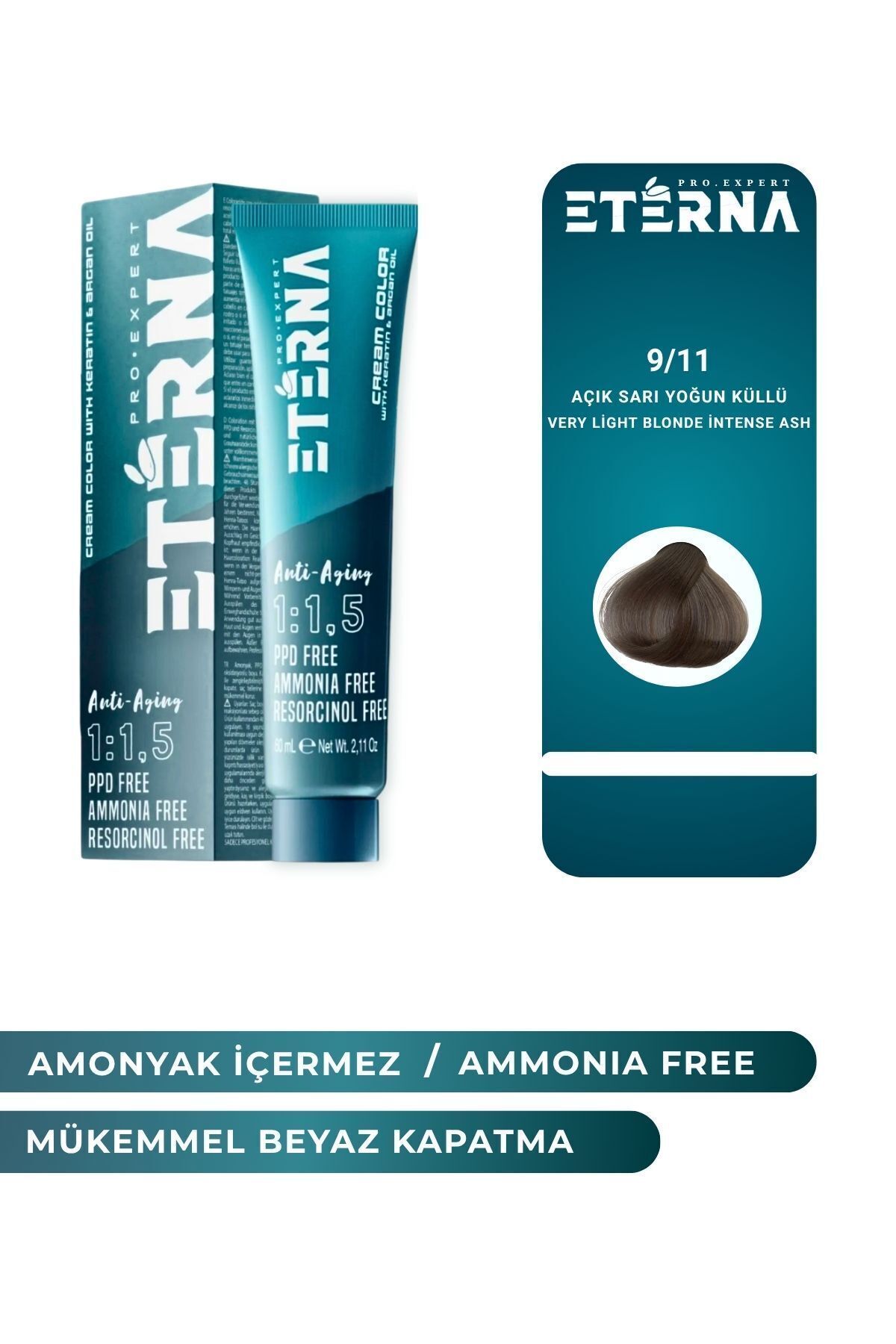 ETERNA Amonyaksız Organik İçerikli Saç Boyası 60ml 9/11 Açık Sarı Yoğun Küllü ve 90ml Eterna Oksidan