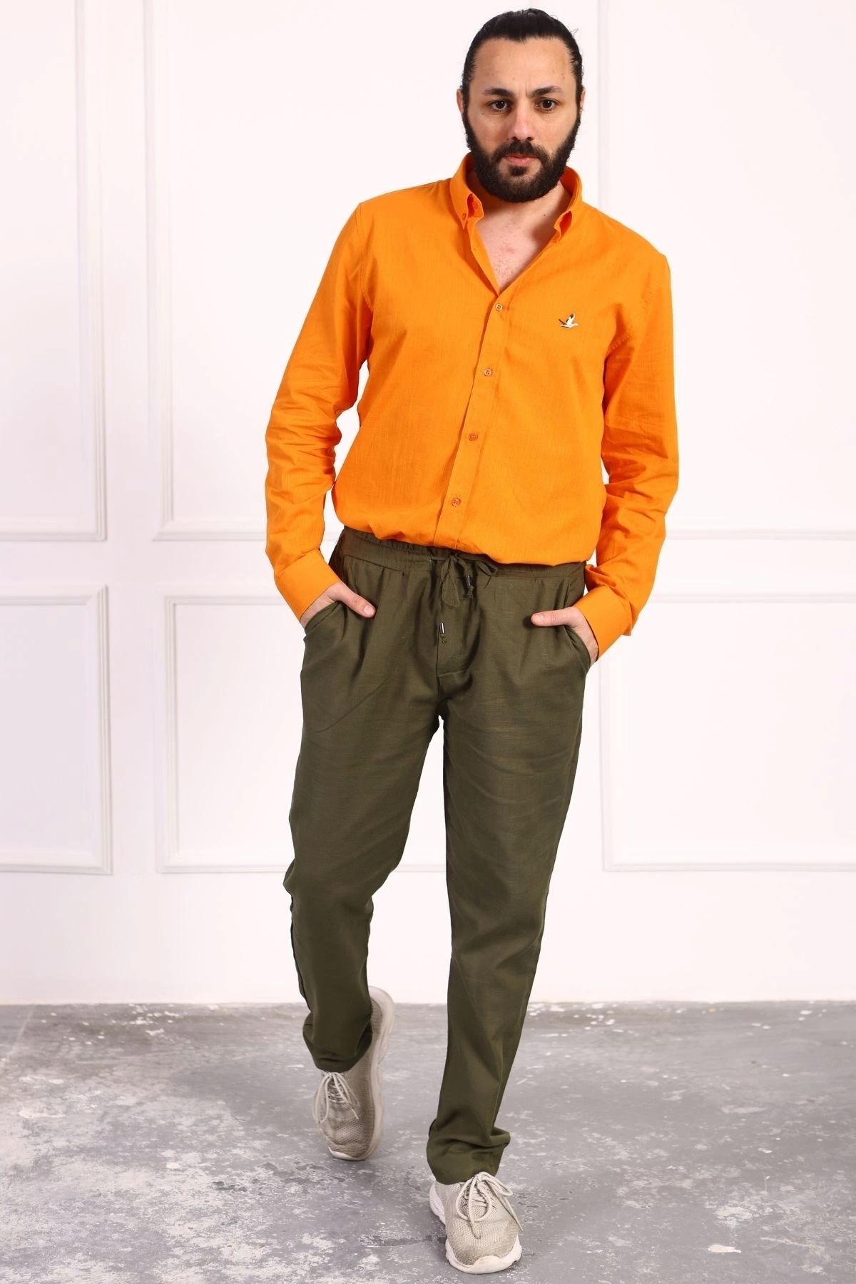 Tam12den Home-Men's Linen Trousers - Khaki, Elastic Waist and Laced 4