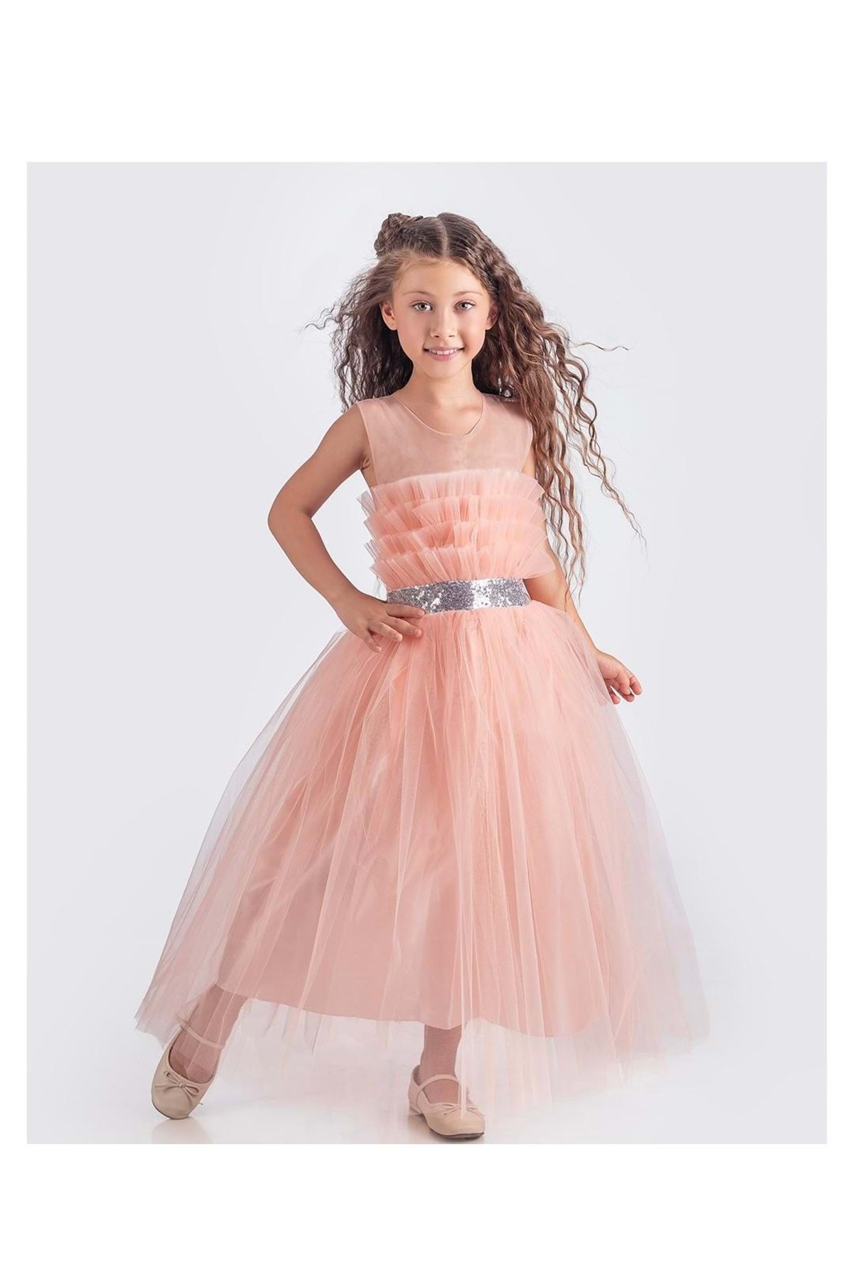 Mnk Baby&Kids Sapes Model Sırt Gipeli Tüllü Kız Çocuk Askılı Saten Abiye MNK0618 SOMON