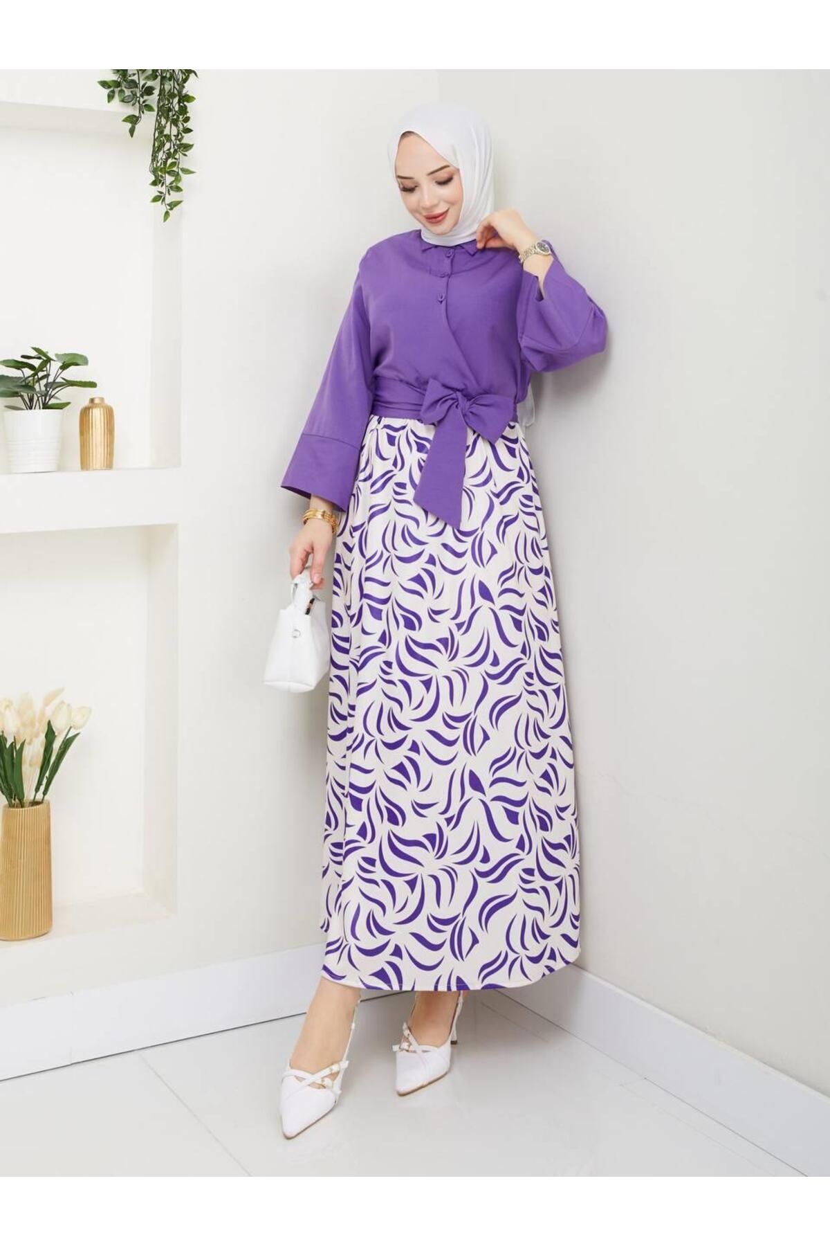moda periy kadın yazlık mevsimlik tarz Yandan Bağlamalı Tunik Desenli Etek Takım tesettür kombin