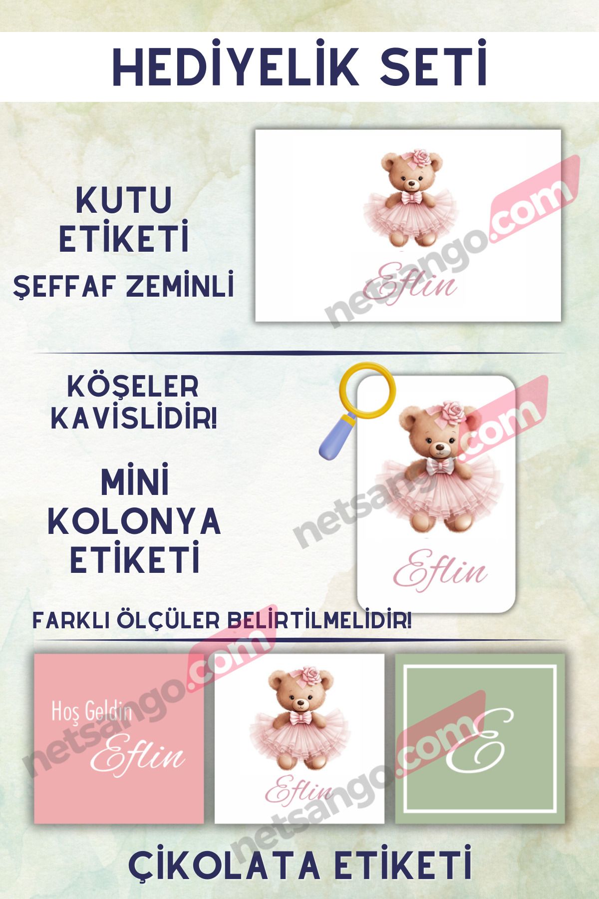 Netsan Etiket Kız Bebek Balerin Ayıcık Desen Etiket Seti - Sticker Madlen Çikolata Kolonya Kutu Etiketi