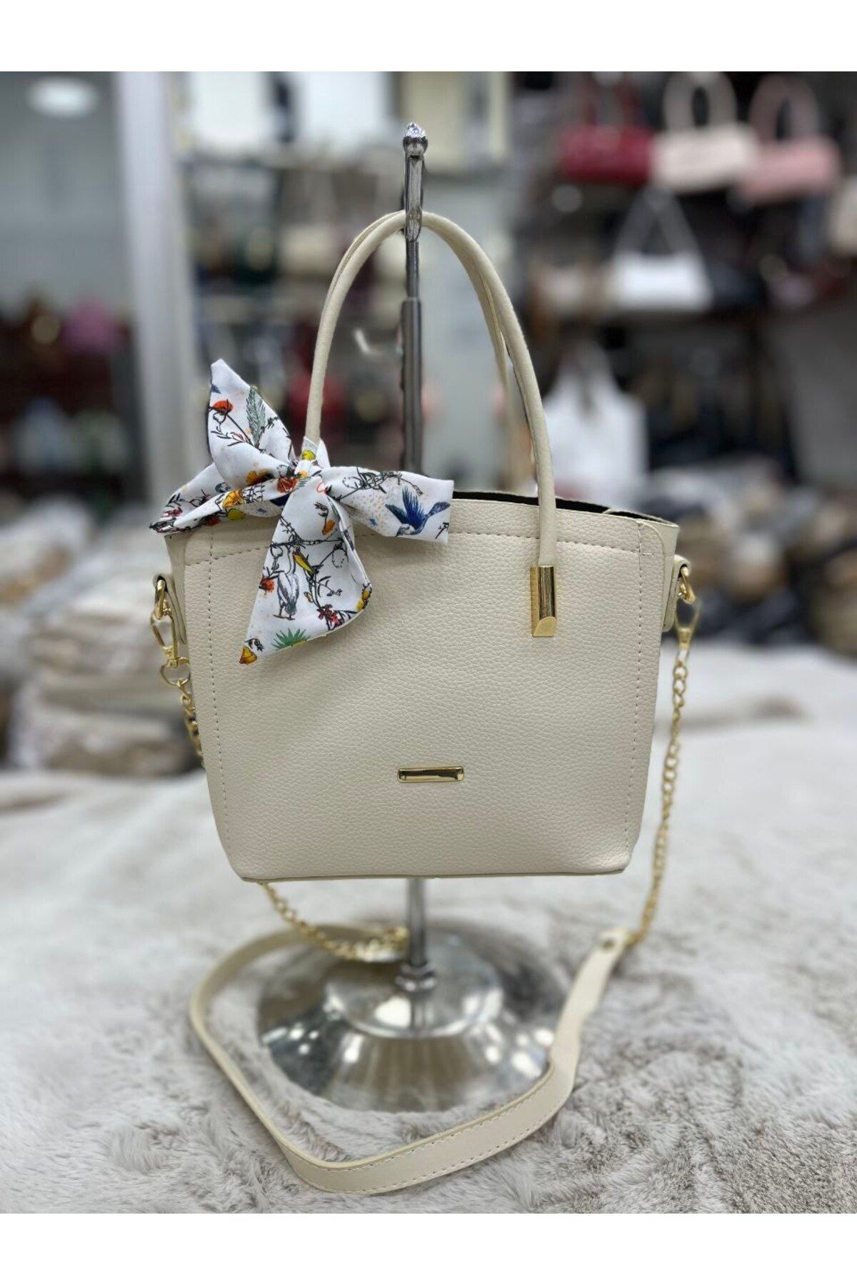 MODA Çanta Fularlı El, Kol Çantası Krem