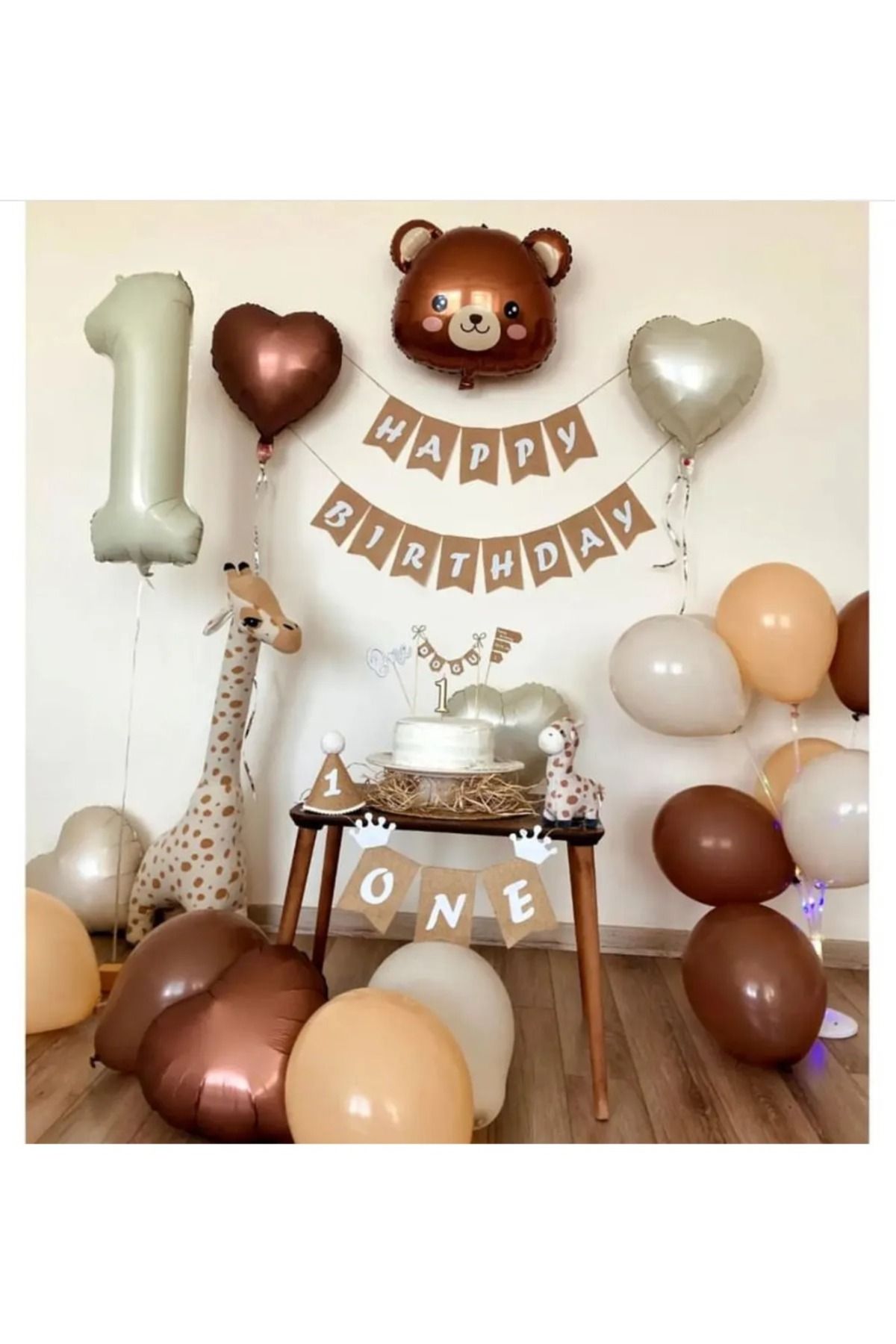 Çemrek Süs Parti Folyo Ayı kafası kraft happy birthday banner bej krem 1 yaş folyo balon seti