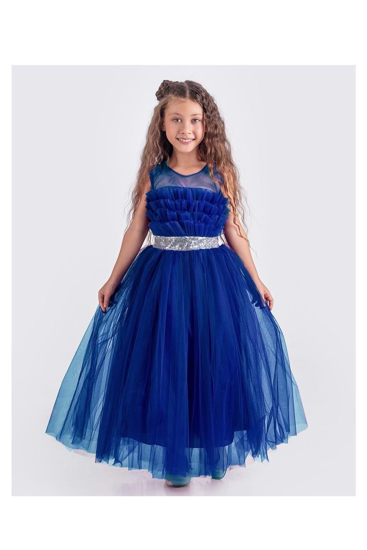 Mnk Baby&Kids Sapes Model Sırt Gipeli Tüllü Kız Çocuk Askılı Saten Abiye MNK0618 SAKS MAVİ