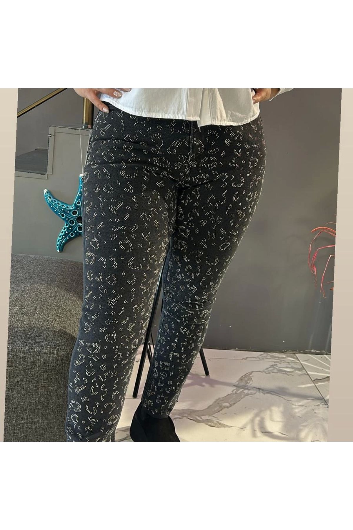 ALPERBUTİK ANTRASİT LEOPAR TAŞ DESEN JEAN