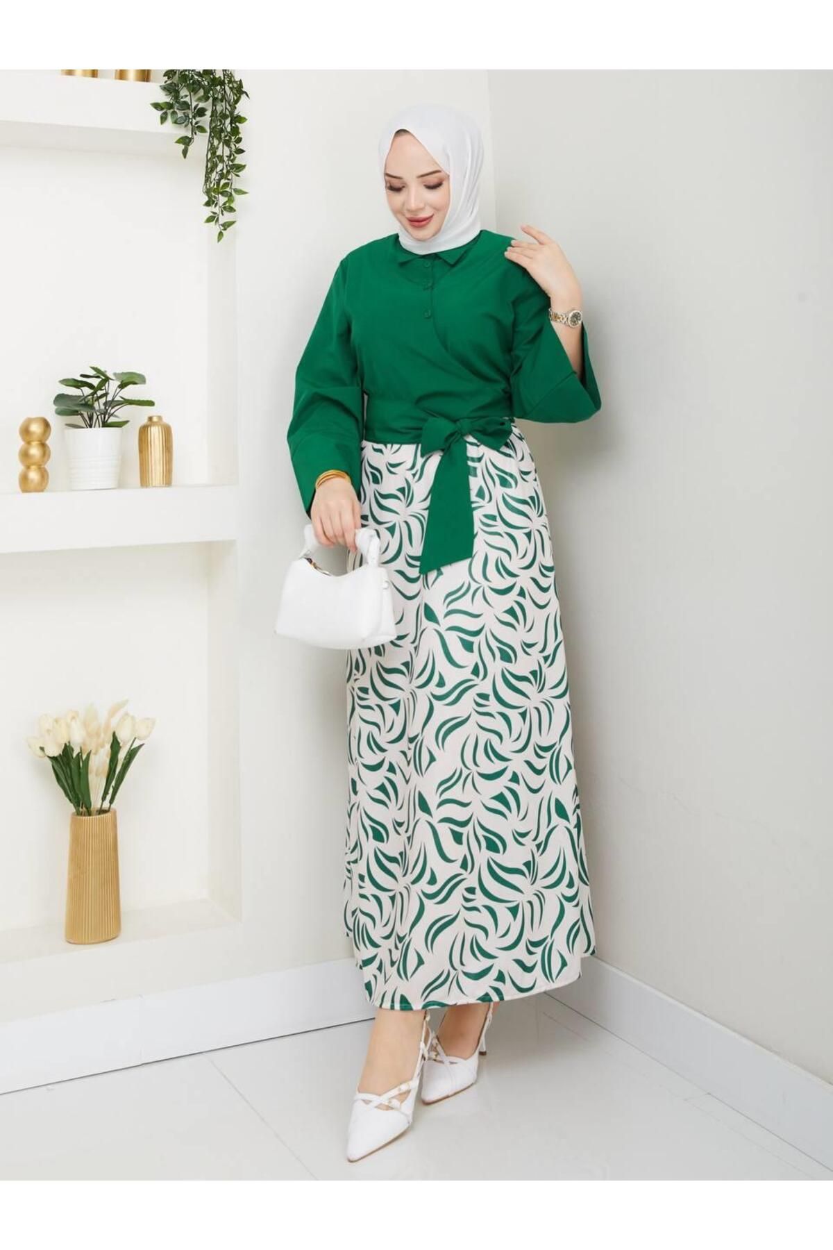 moda periy kadın yazlık mevsimlik tarz Yandan Bağlamalı Tunik Desenli Etek Takım tesettür kombin