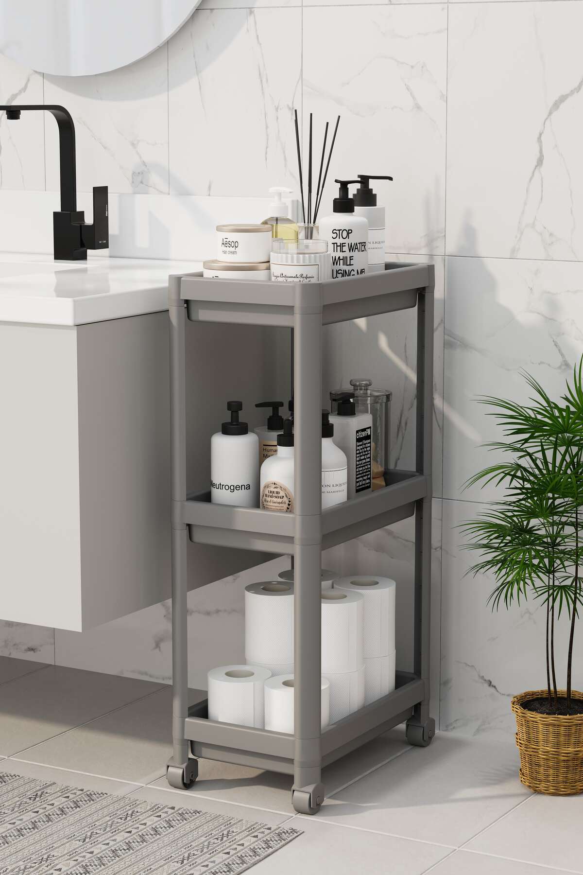 nouray Ράφι μπάνιου με ρόδες 3 επιπέδων, ράφι κουζίνας, θήκη για πετσέτες, θή...