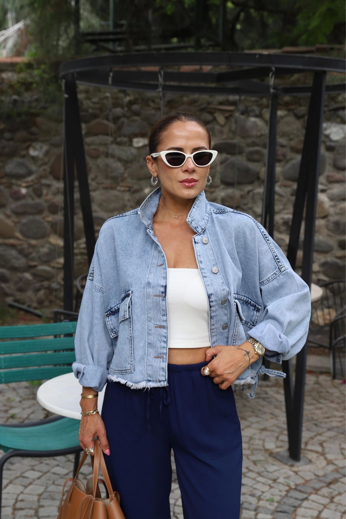 Purple by Banu MAVİ Bel İp Detay Oversize Jean Ceket