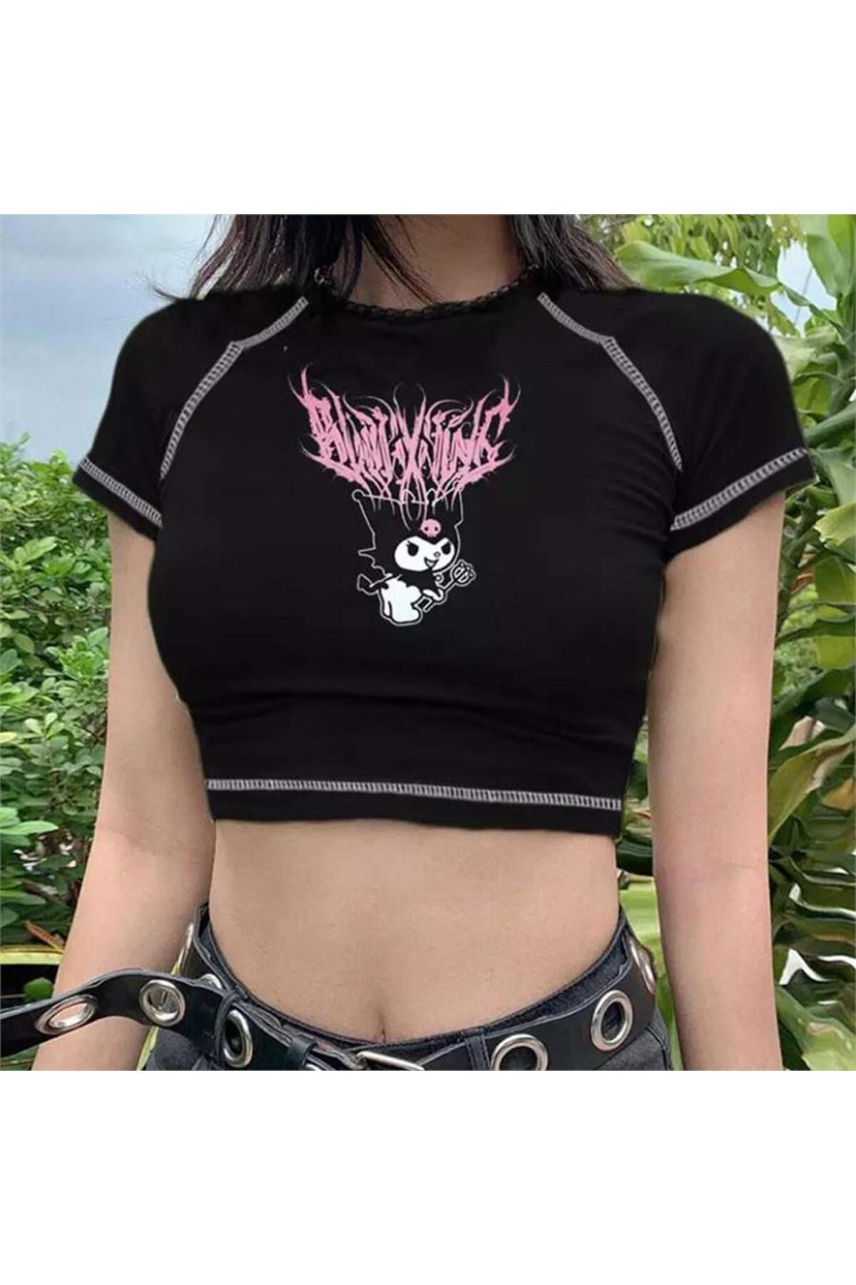 facnspt Kuromi Siyah Crop Tişört