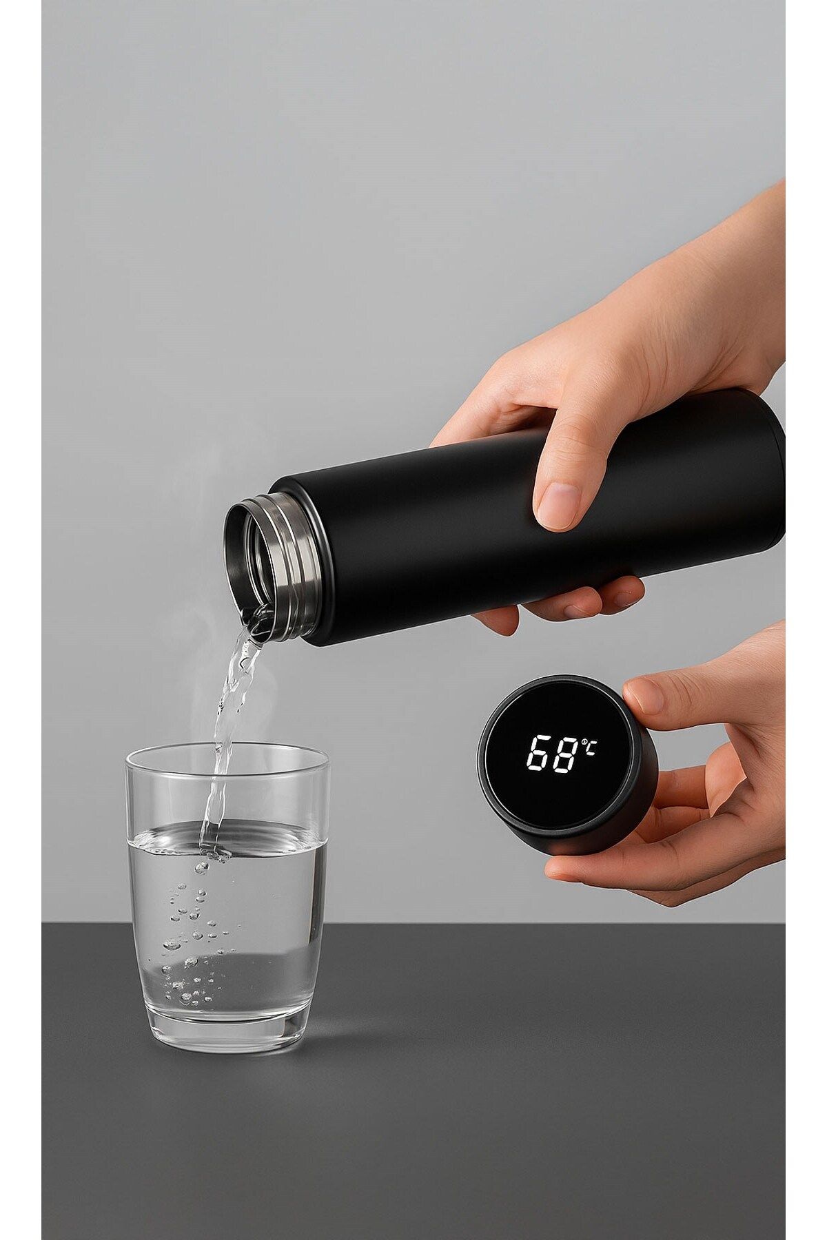 İncim Mat Siyah Dokunmatik Led Ekranlı Sıcaklık Göstergeli Vakumlu Sızdırmaz Çelik Akıllı Termos 500ml