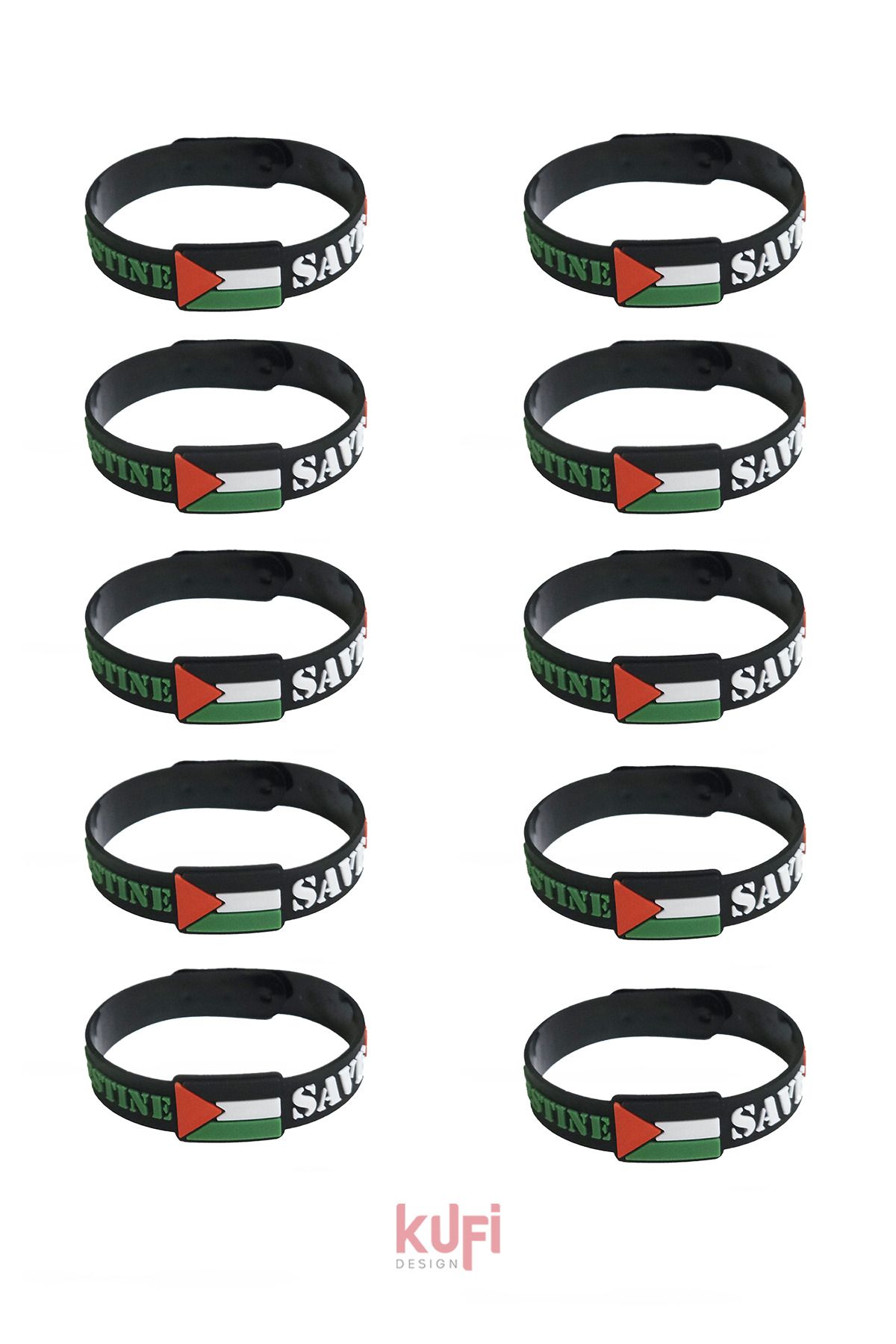 Kufi Design Filistin Bayrağı Silikon Bileklik Free Palestine Yazılı Kabartmalı PVC Bileklik 10 ADET