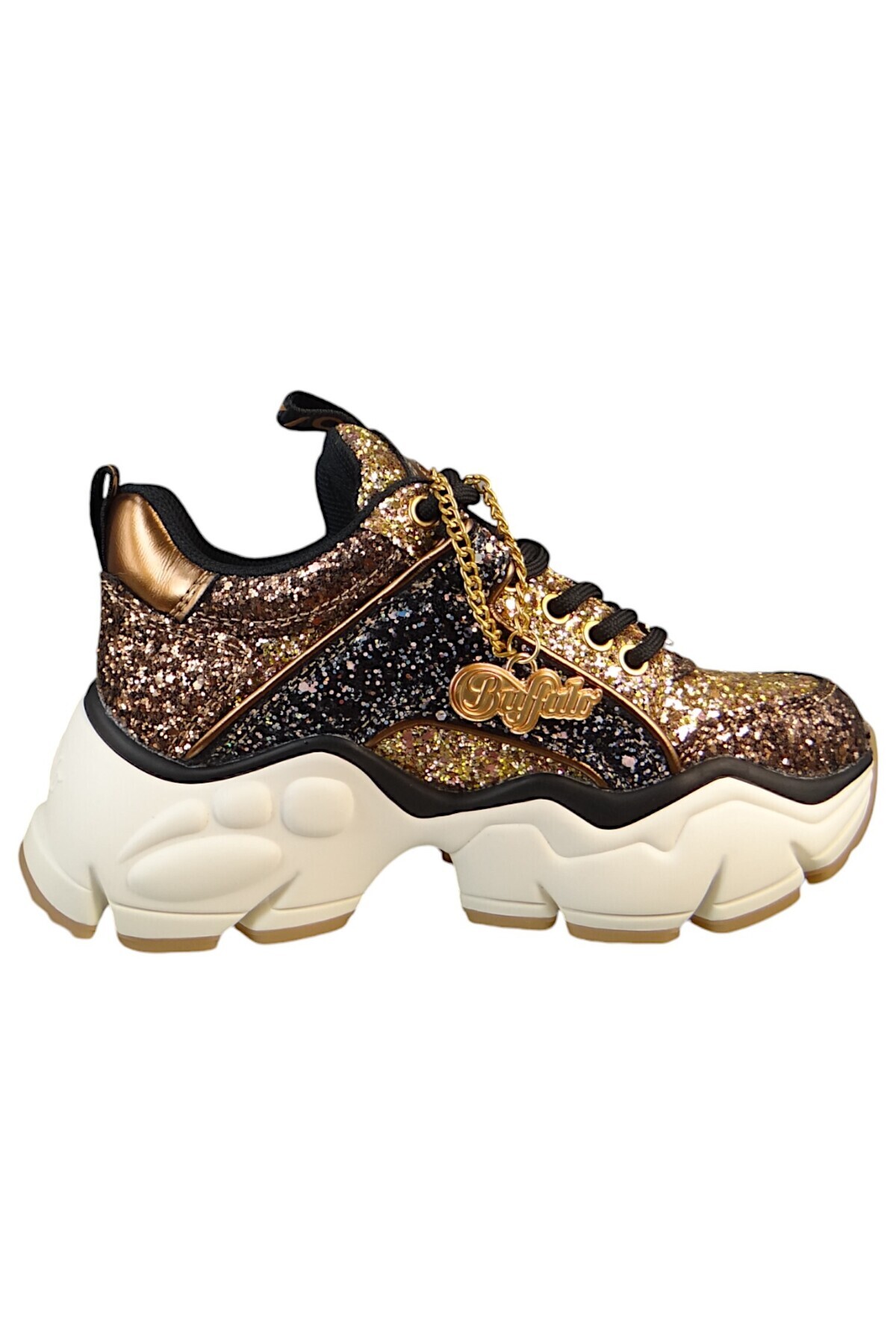 Buffalo-Damen Mid Sneaker Binary Glam Low Top 1636282 Goldfarben Black/Gold Kunstleder mit herausnehmbarem 5