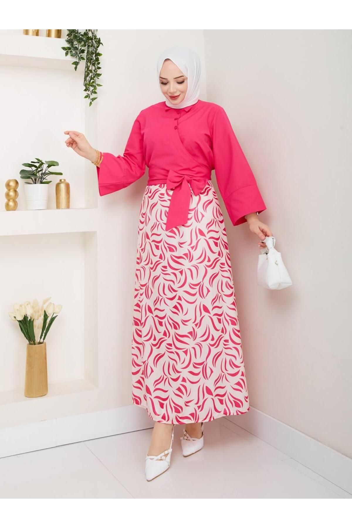 moda periy kadın yazlık mevsimlik tarz Yandan Bağlamalı Tunik Desenli Etek Takım tesettür kombin