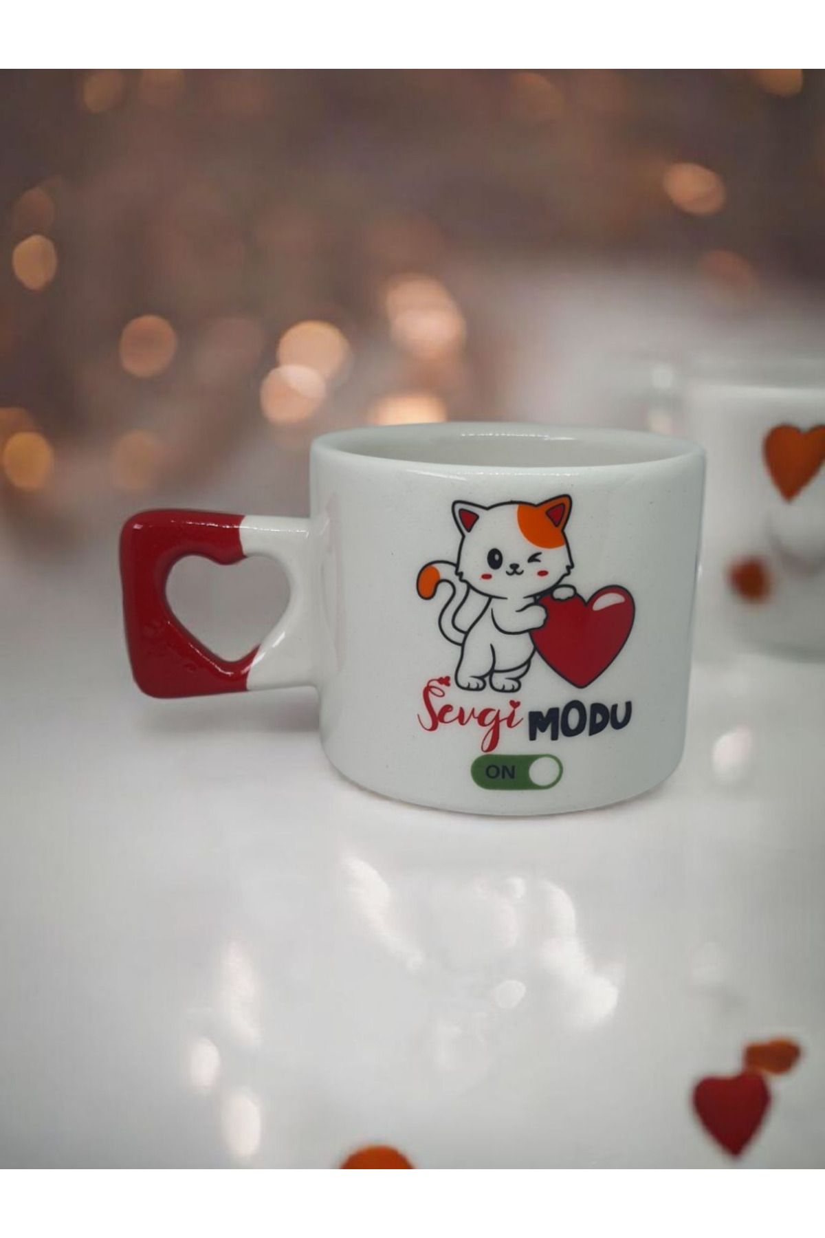Simge Seramik Sevgi Modu Çift Taraf Baskılı Kalp Kulplu El Yapımı Doğal Seramik Mug Kupa Fincan