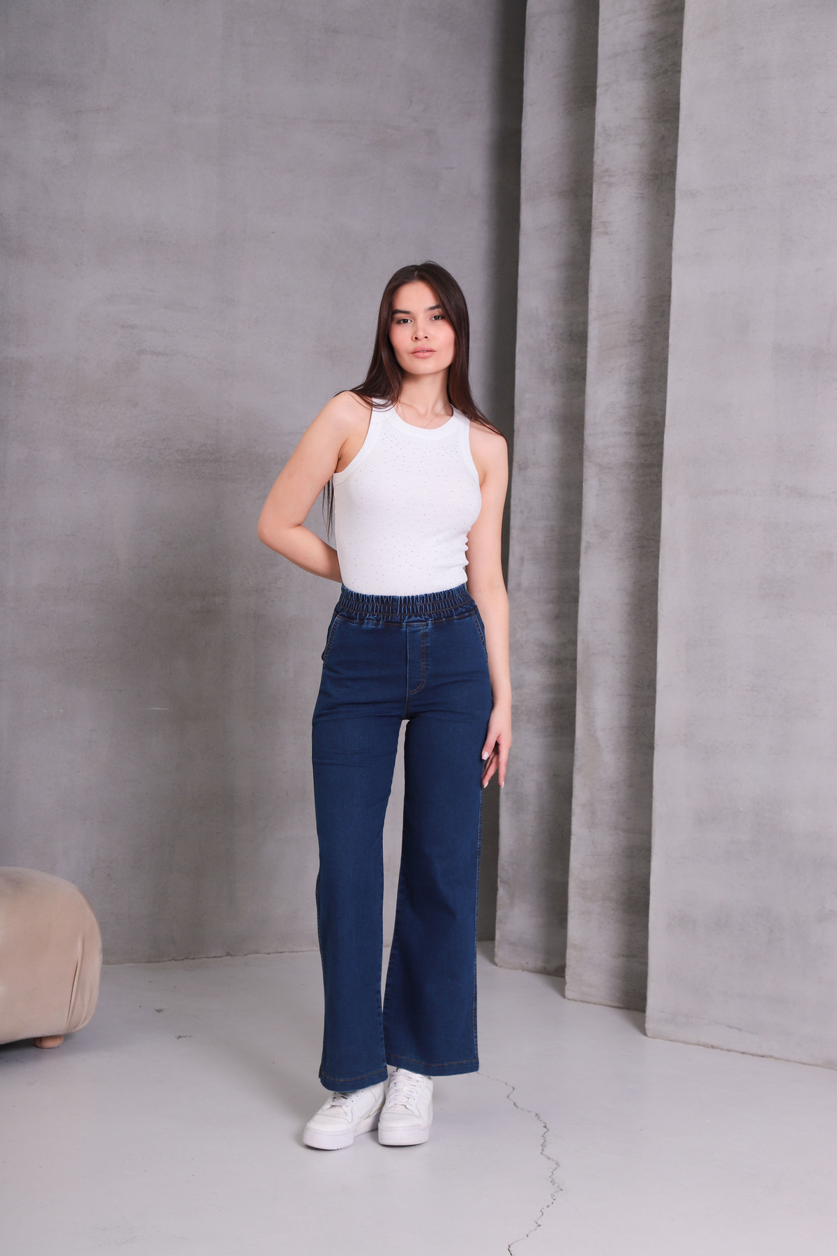 NEŞA KOTÇU  LACİVERT Kadın Kot Pantolon Beli Lastikli Yüksek Bel Likralı PLAZZO Büyük-Küçük Beden Jeans - Görsel 2