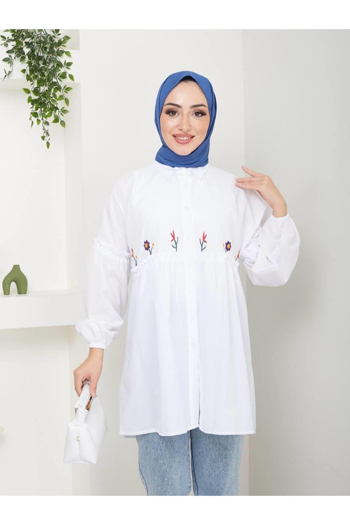 moda periy Kadın yazlık tarz Nakış Detaylı Tesettür Tunik