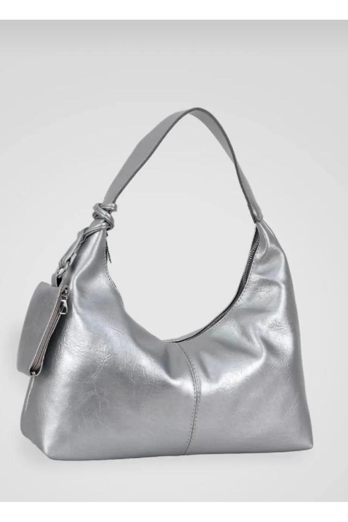 cosybag. CÜZDAN AKSESUARLI KADIN EL VE OMUZ ÇANTA BİRDİE METALİK GRİ