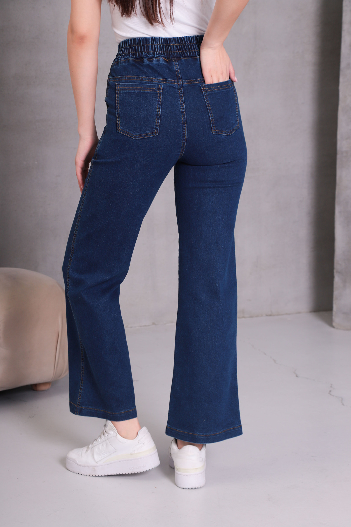 NEŞA KOTÇU  LACİVERT Kadın Kot Pantolon Beli Lastikli Yüksek Bel Likralı PLAZZO Büyük-Küçük Beden Jeans - Görsel 4