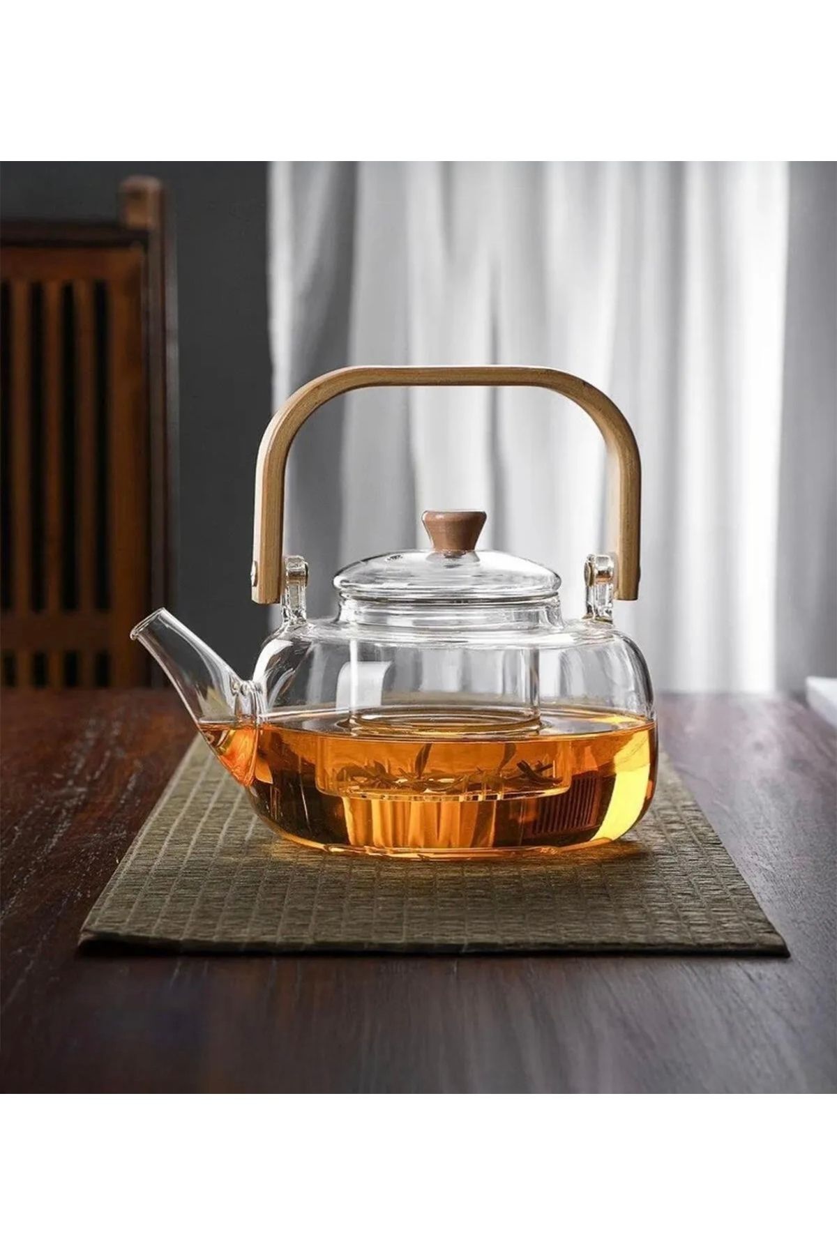 NERİVA HOME 1000 ml Bambu Kulplu Isıya Dayanıklı çıkarılabilir Süzgeçli Cam Demlik