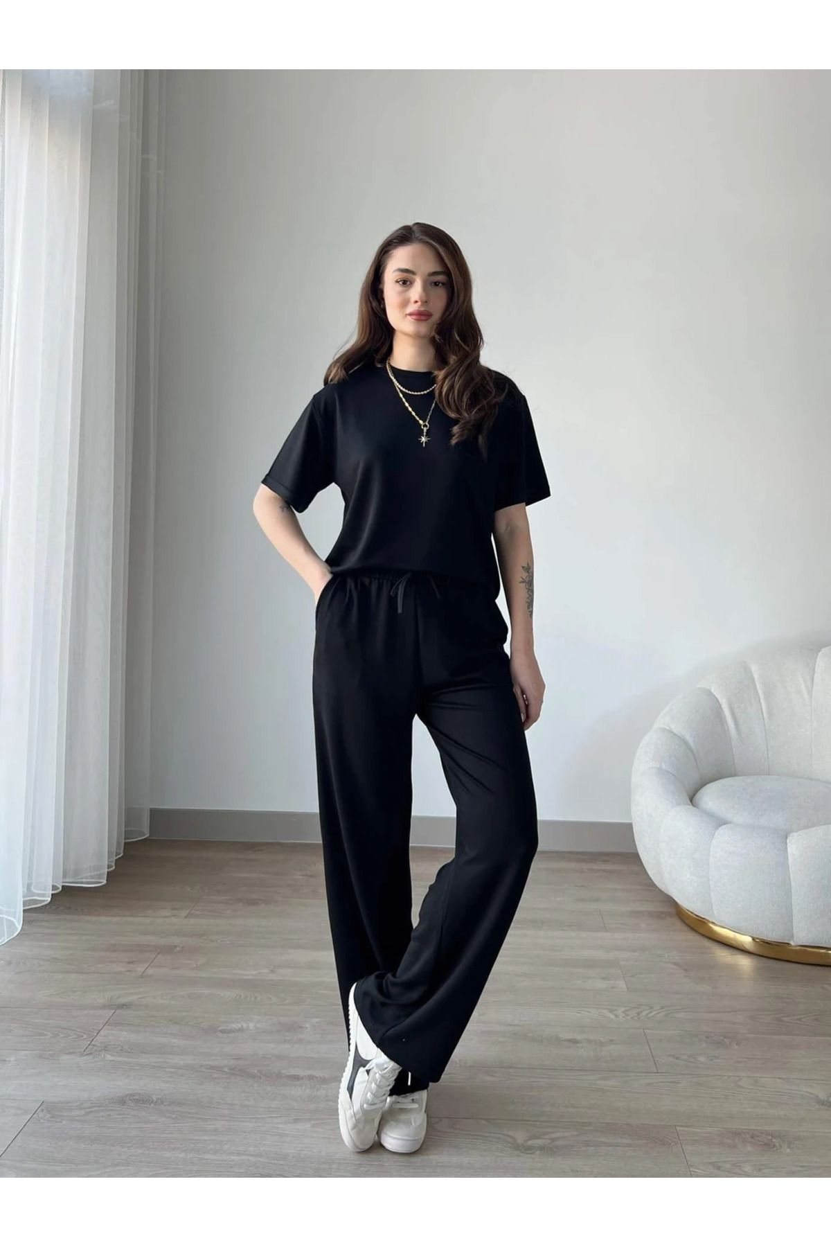 CMZ COLLECTİON Kadın Basic Oversize Kısa Kollu T-Shirt ve Lastikli Pantolon Takım