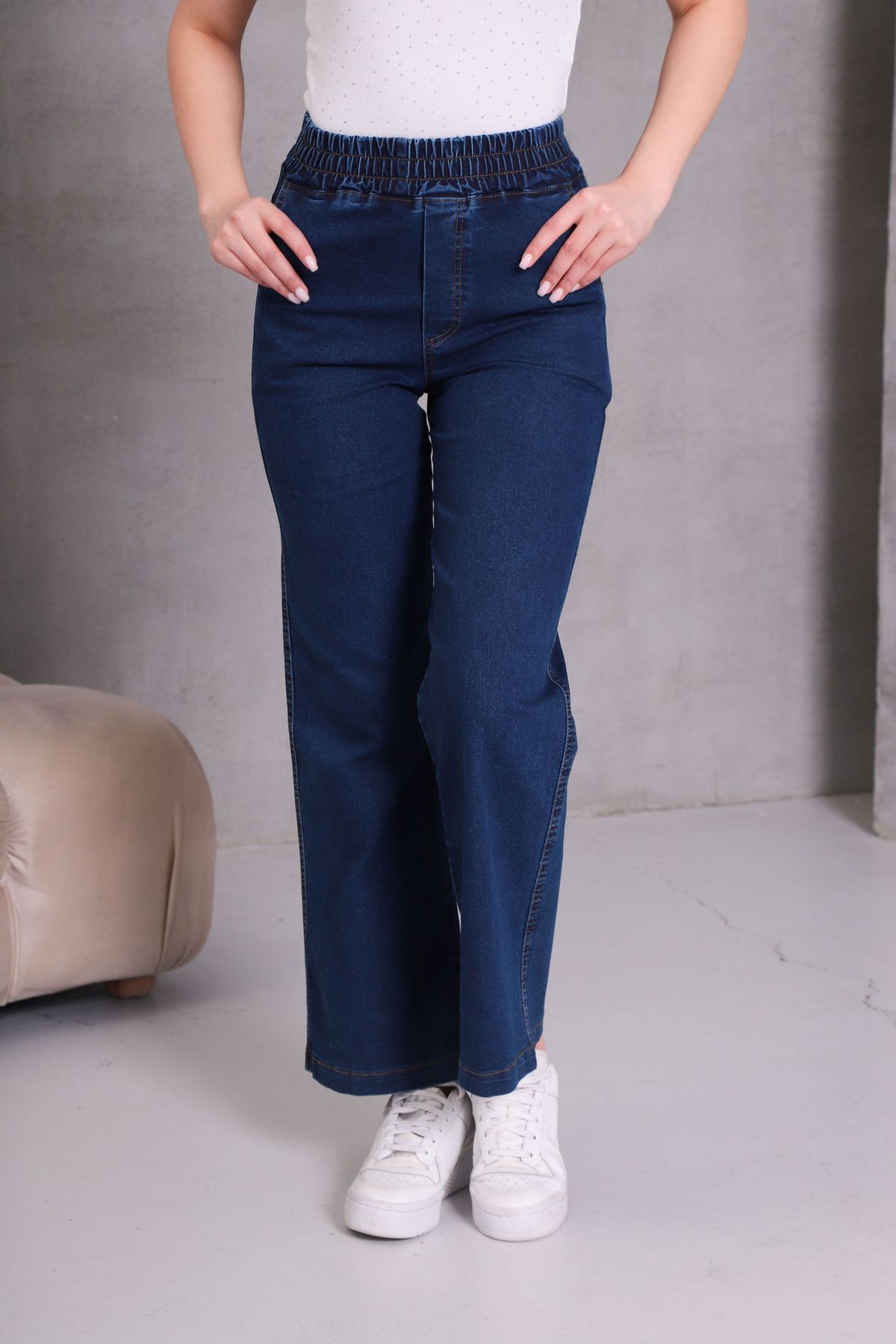 NEŞA KOTÇU LACİVERT Kadın Kot Pantolon Beli Lastikli Yüksek Bel Likralı PLAZZO Büyük-Küçük Beden Jeans