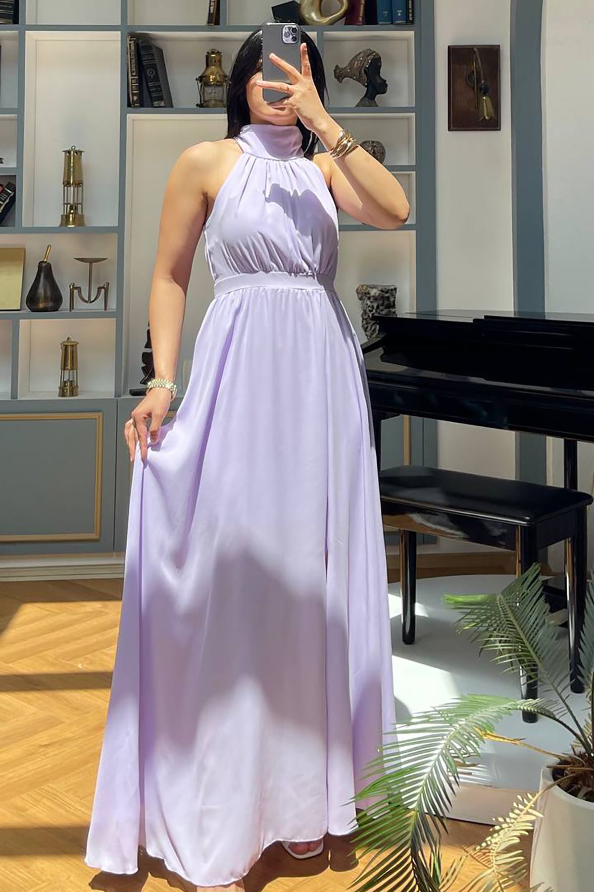 Neşeli Butik kadın halter yaka yırtmaç detaylı uzun şifon elbise NBNY3737
