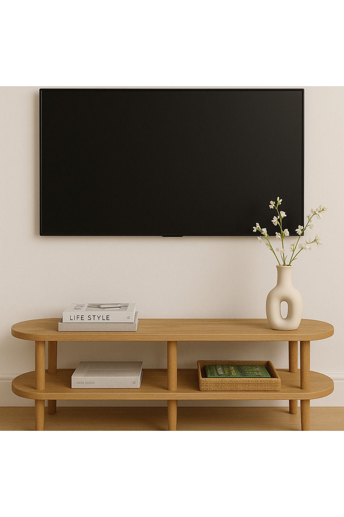 Trihome Kayın Masif Ahşap Oval TV Ünitesi -160x38cm – Modern 2 Katlı Raflı Tasarım Masif TV Ünitesi