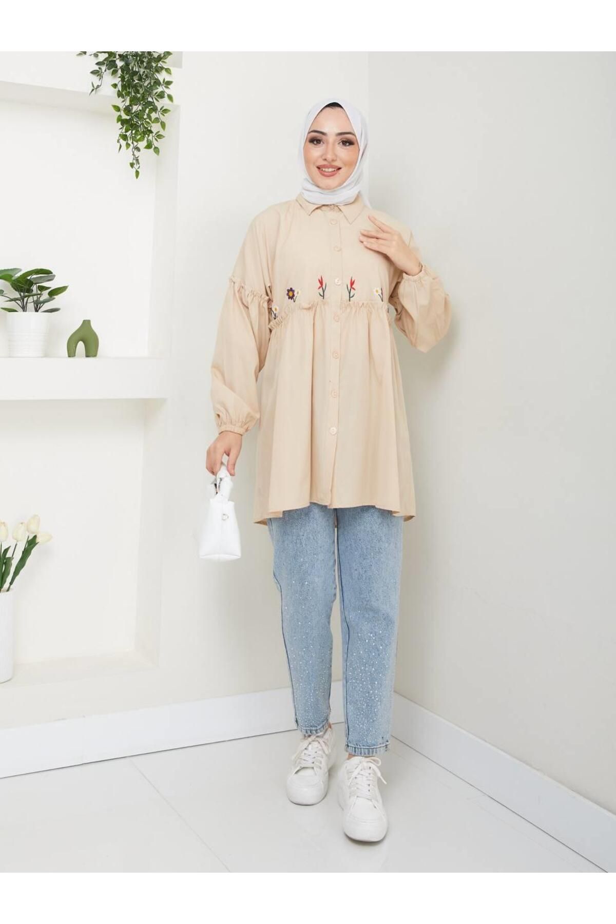 moda periy Kadın yazlık tarz Nakış Detaylı Tesettür Tunik