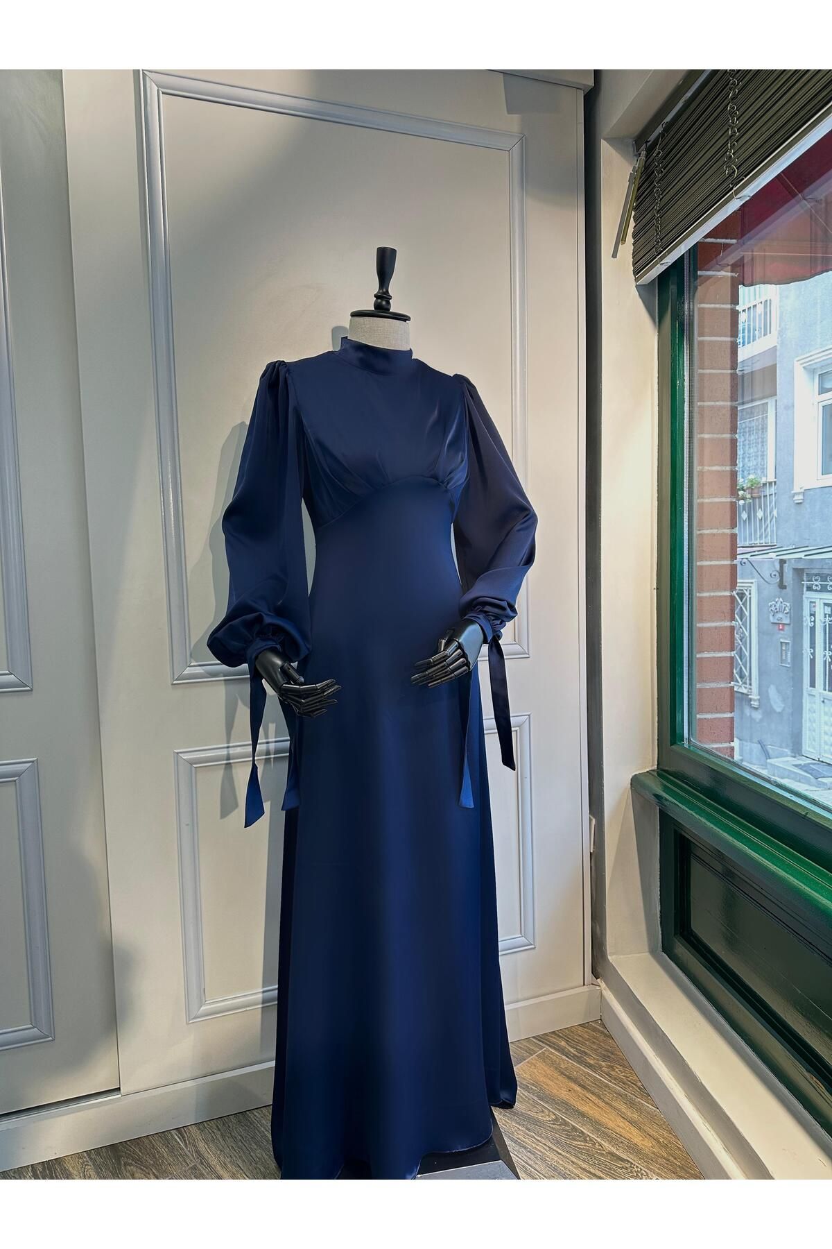 Guer Fashion Alya Balon Kol Tesettür Abiye Lacivert