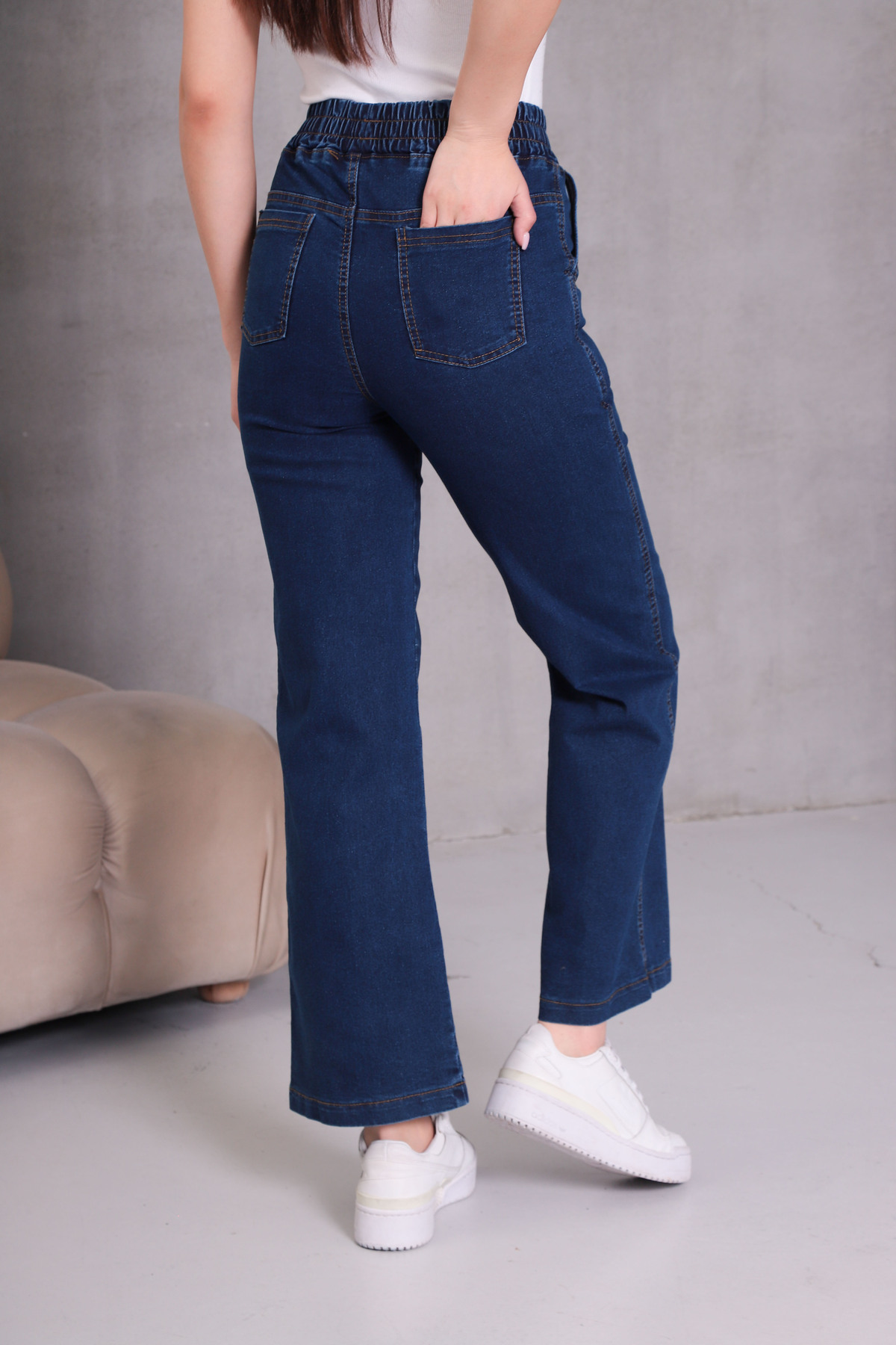 NEŞA KOTÇU  LACİVERT Kadın Kot Pantolon Beli Lastikli Yüksek Bel Likralı PLAZZO Büyük-Küçük Beden Jeans - Görsel 5