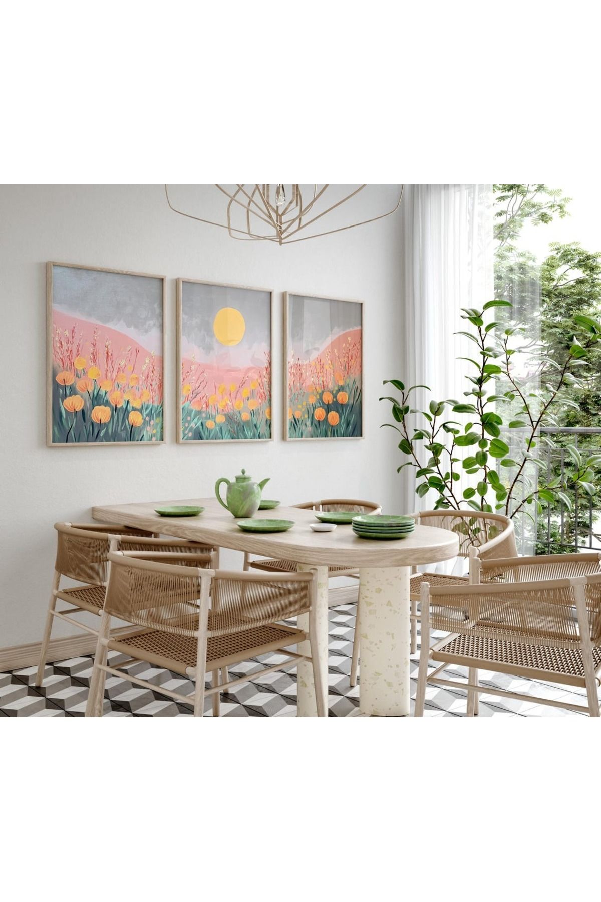 Dekorsiahome Üç Parça Ahşap Çerçeveli Oturma Odası Salon Mutfak Tablo Seti SET3103