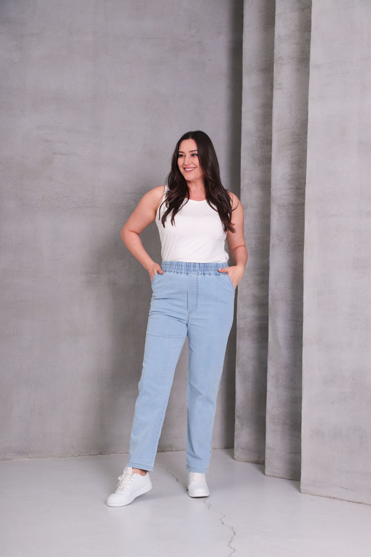 NEŞA KOTÇU BUZ MAVİ Kadın Kot Pantolon Beli Lastikli Yüksek Bel Likralı Büyük-Küçük Beden Jeans