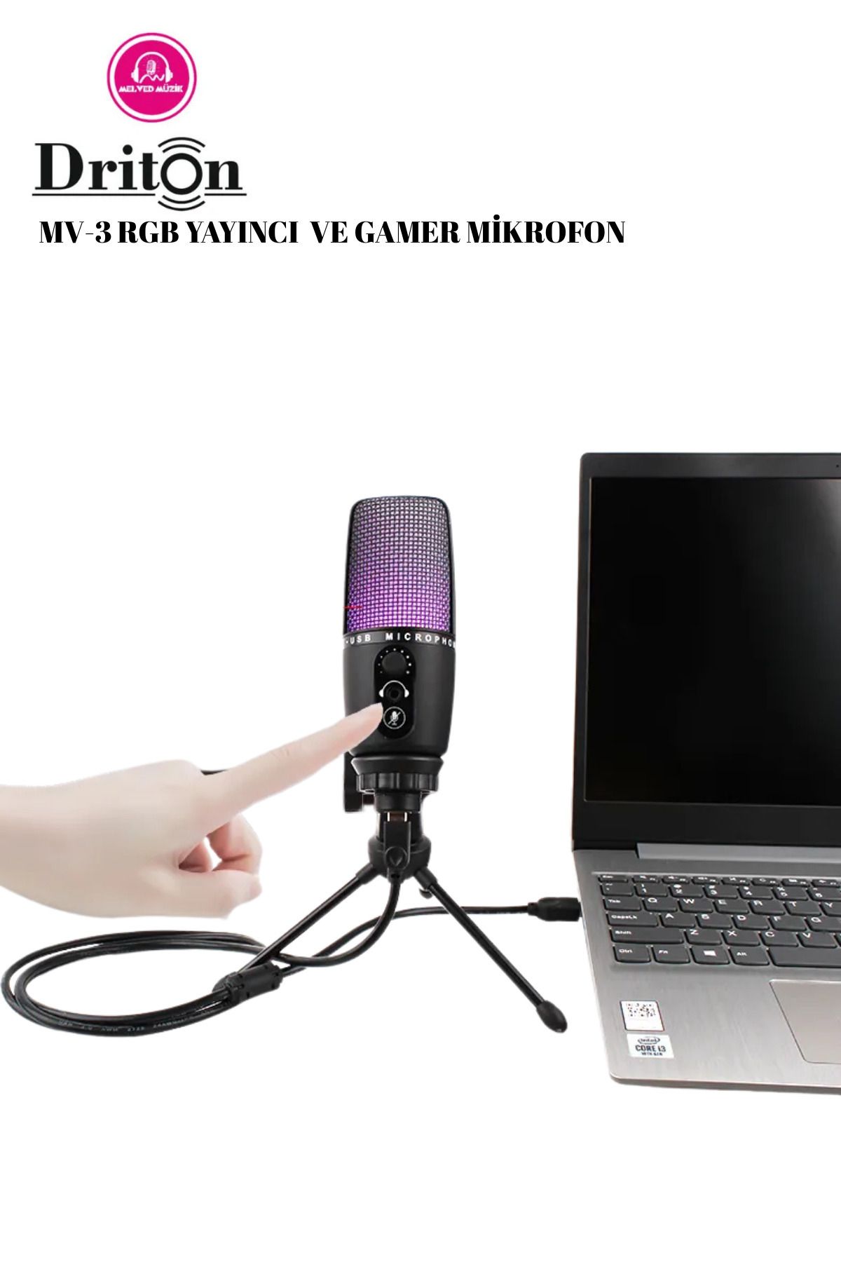 DRİTON MV-3 Siyah Rgb Usb Oyuncu Yayıncı Ve Podcast Için Uyumlu Condenser Mikrofon